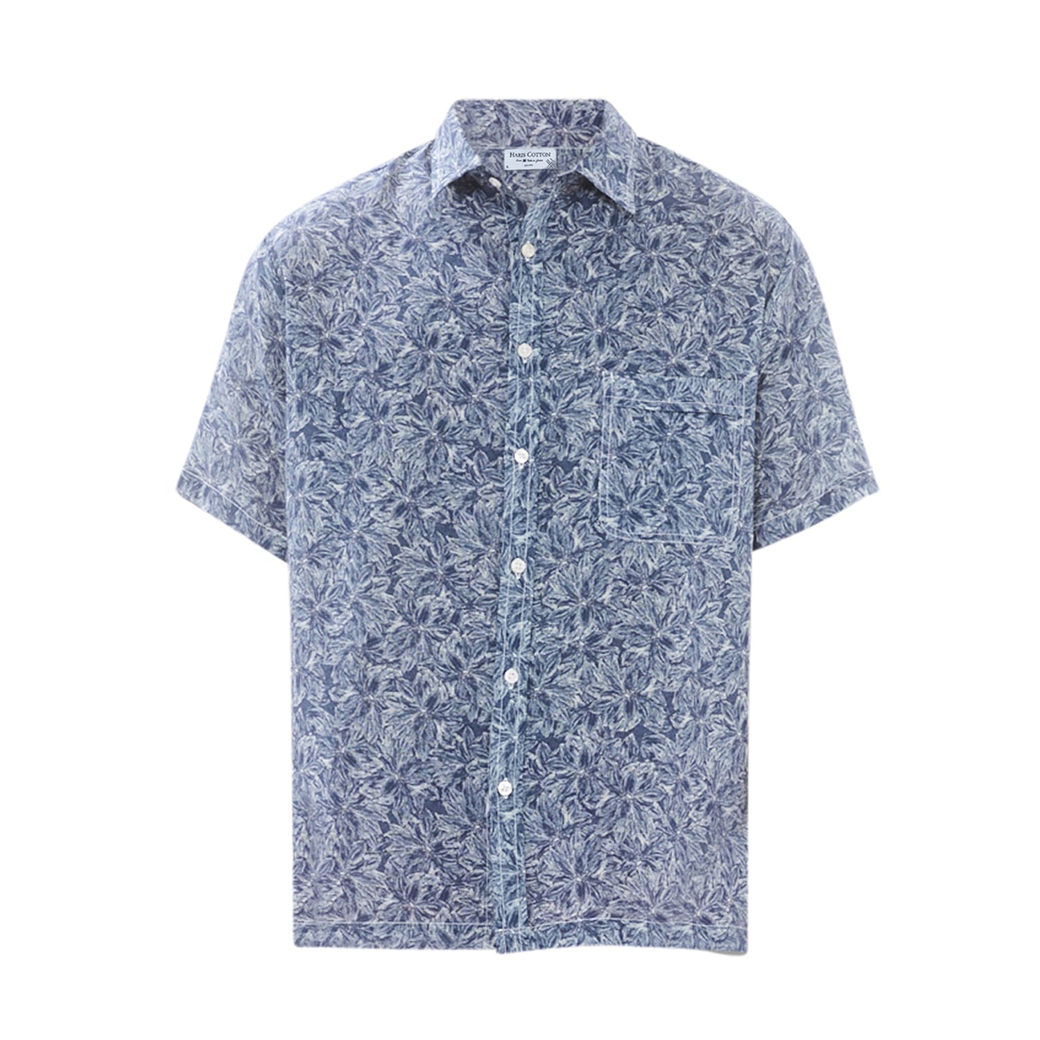 Haris Cotton Men's Printed Short Sleeved Front Pocket Linen Shirt-blue Dahlia