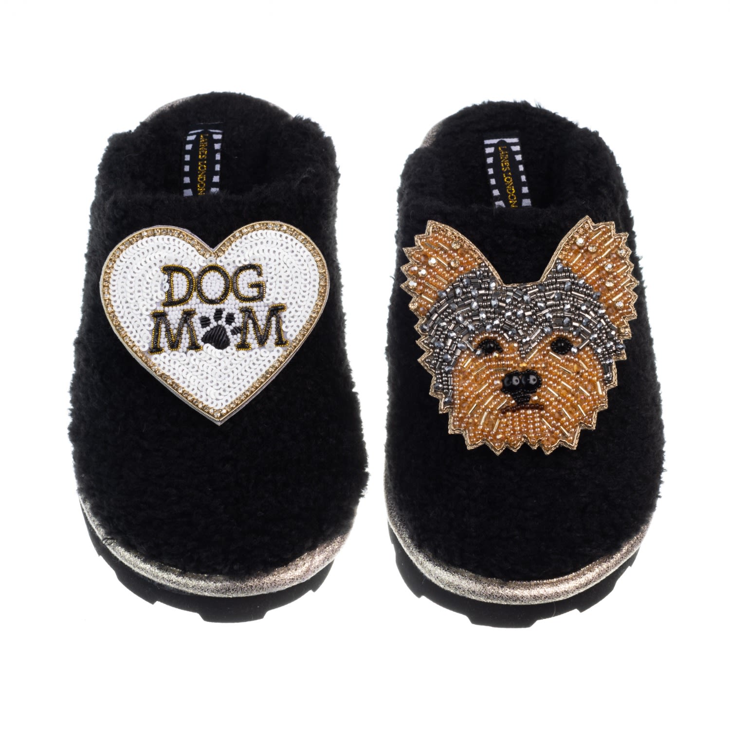 Women’s Teddy Closed Toe Slippers With Minnie The Yorkie & Dog Mum / Mom Brooches - Black Extra Large Laines London