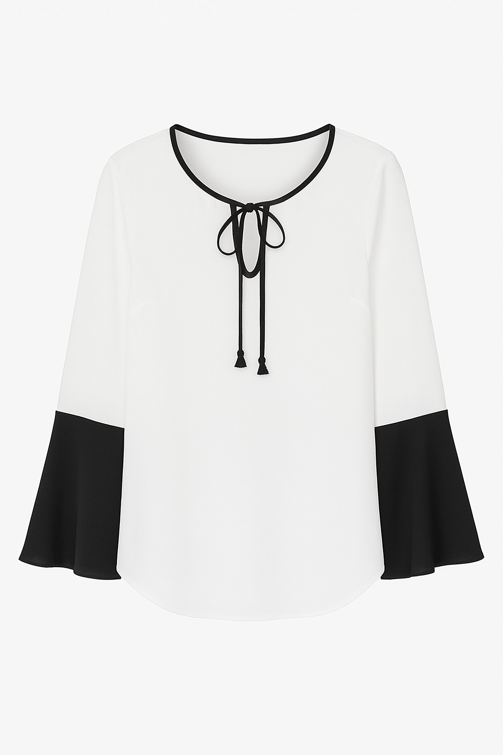 Conquista Women's Neutrals Contrast Detail Ecru Top With Long Bell Sleeves & Keyhole Tie Fastening By Conquist In Beige