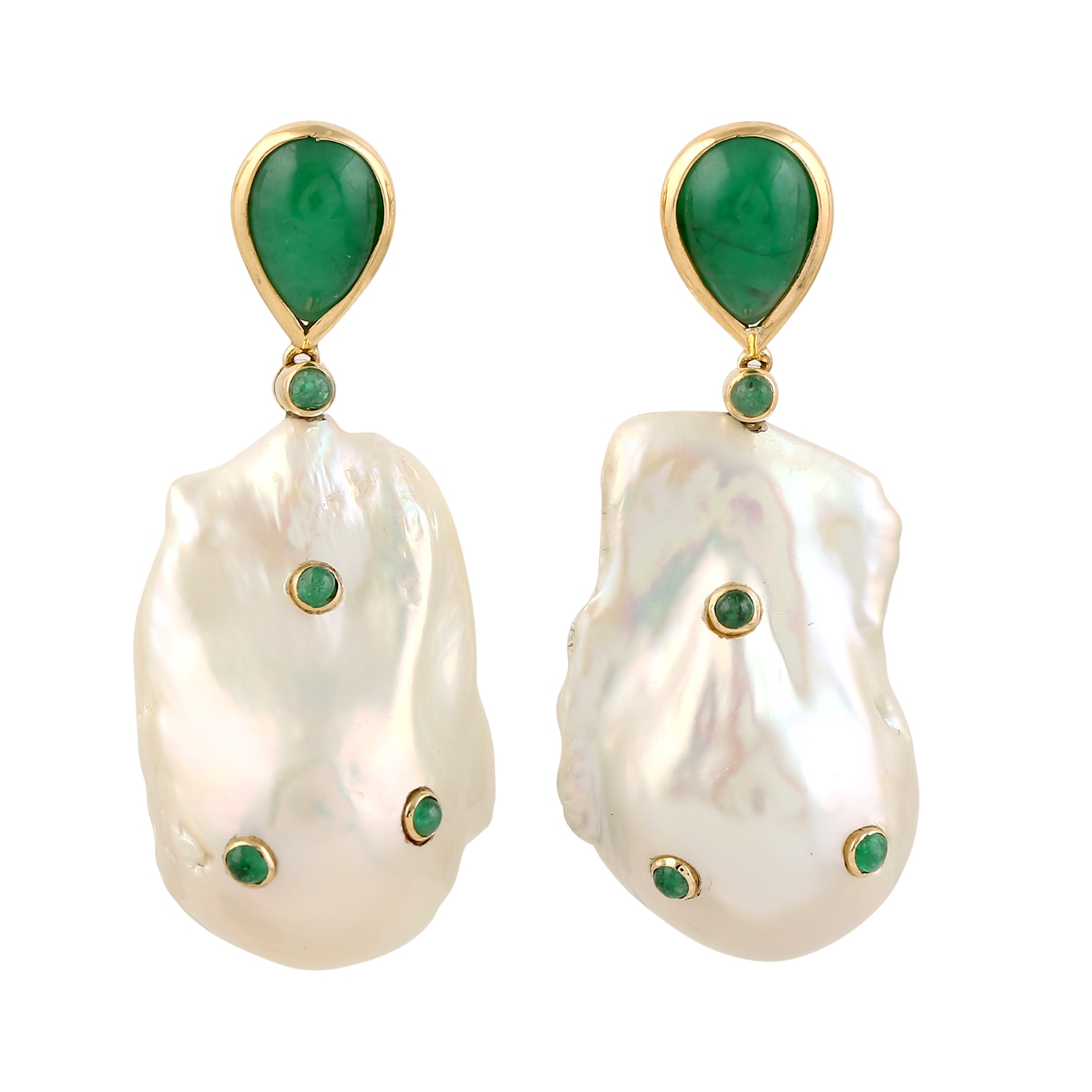 Women’s Green / White Natural Pearl & Emerald Pear Shape 18K Yellow Gold Dangle Earrings Artisan