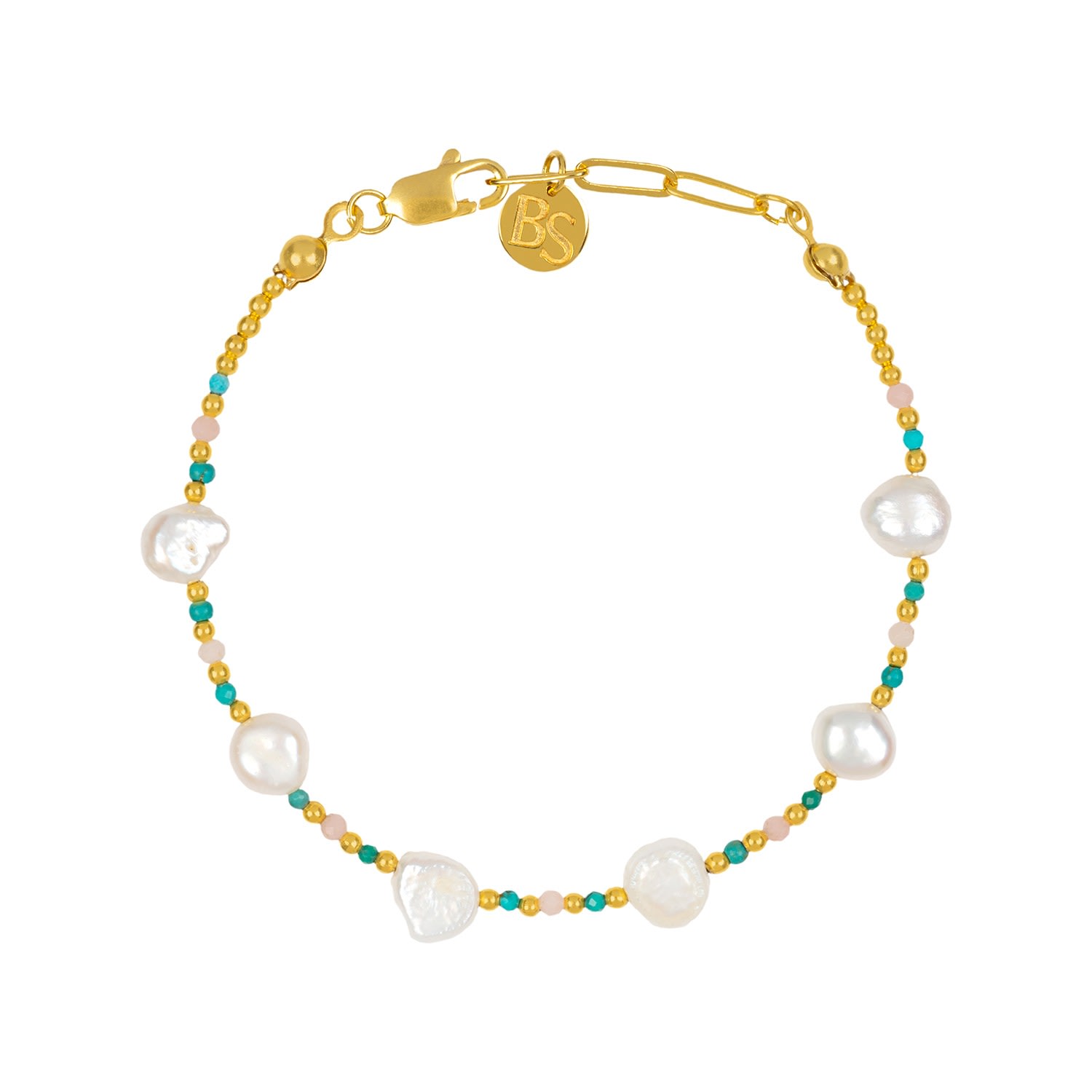 Women’s Gold / Green / White Mel Natural Pearl Turquoise & Pink Opal Bracelet Bonjouk Studio