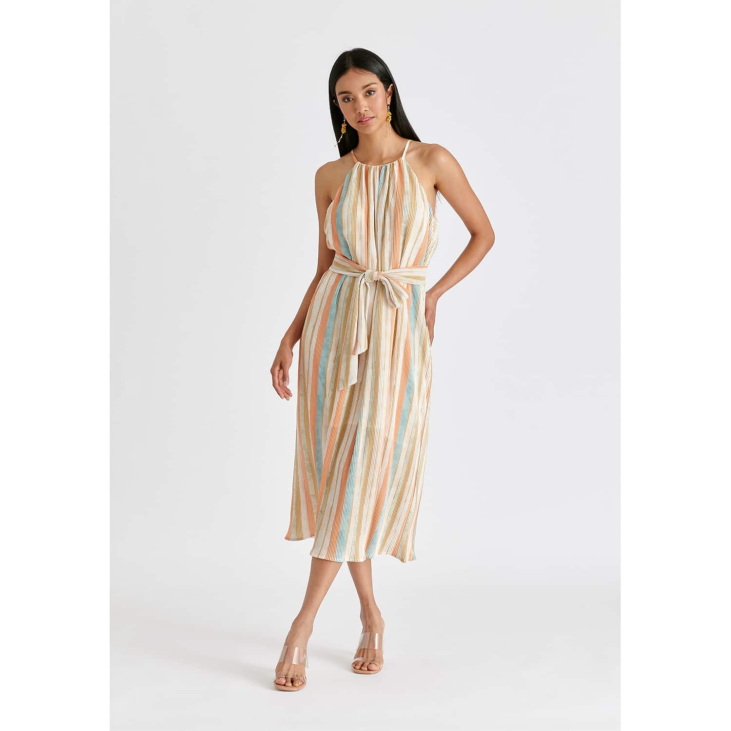 Paisie Halter Neck Plisse Midi Dress With Belt - Blue/orange/white/yellow