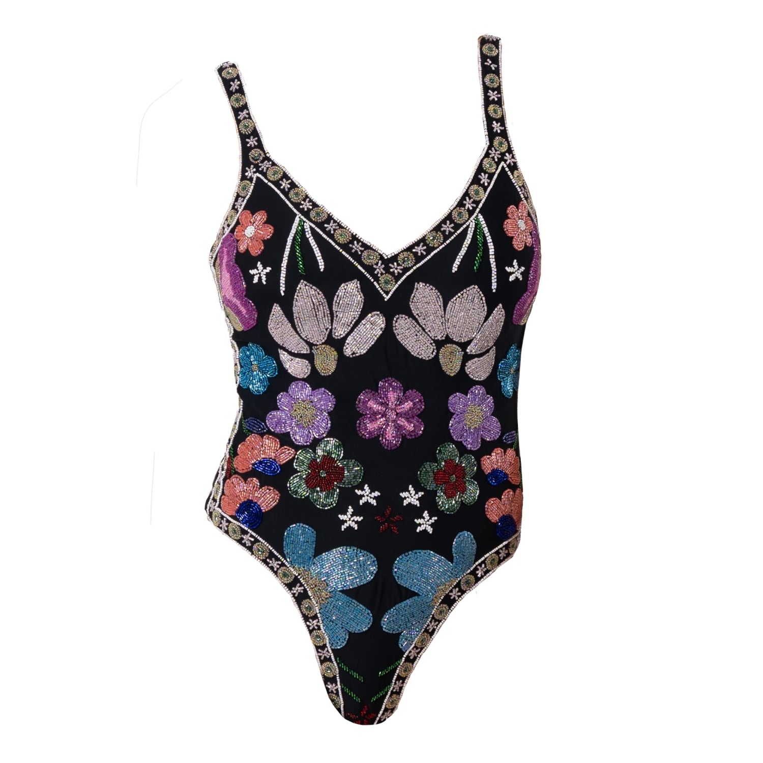 Self-adore Women's Black / Blue Flower Hand-beaded Embellished One-piece Swimsuit- Black In Multi