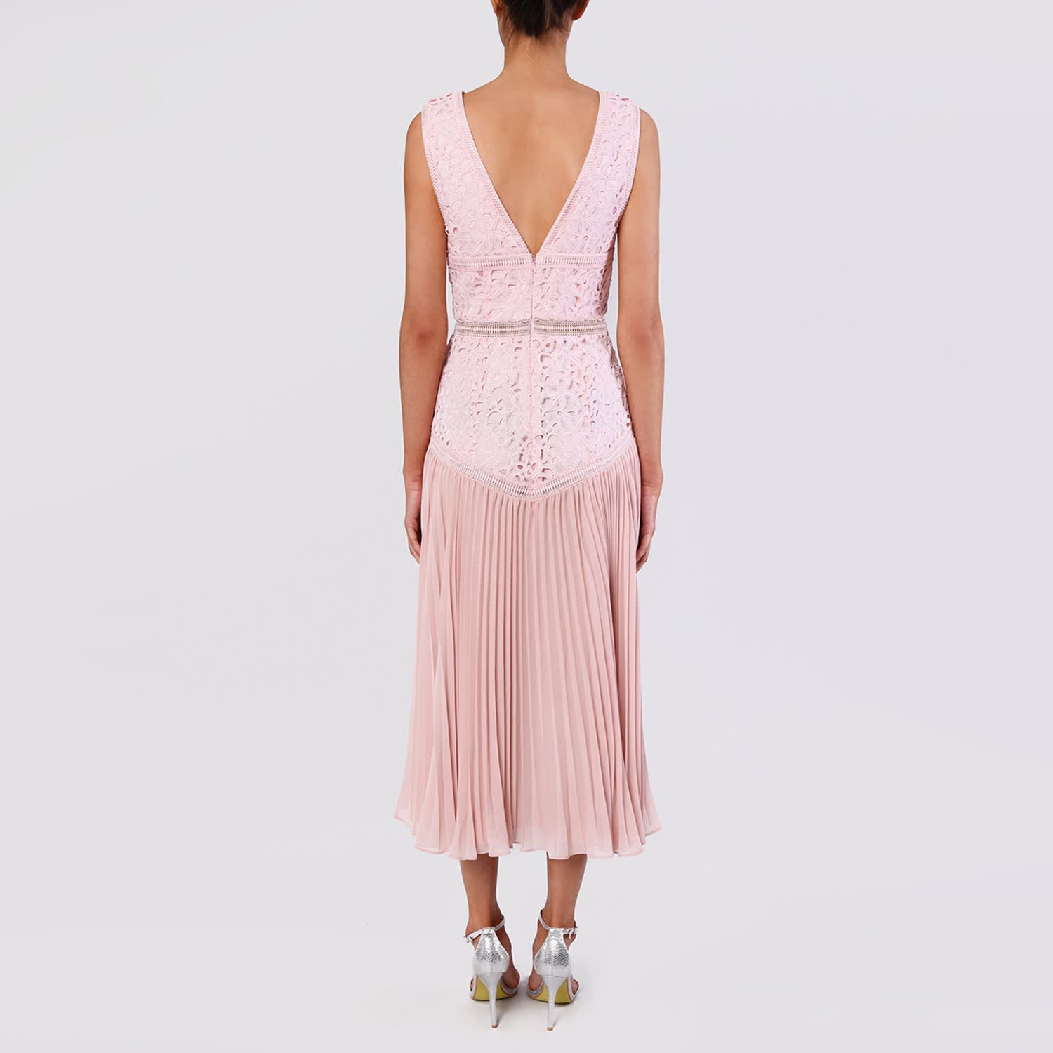 blush pleated midi dress