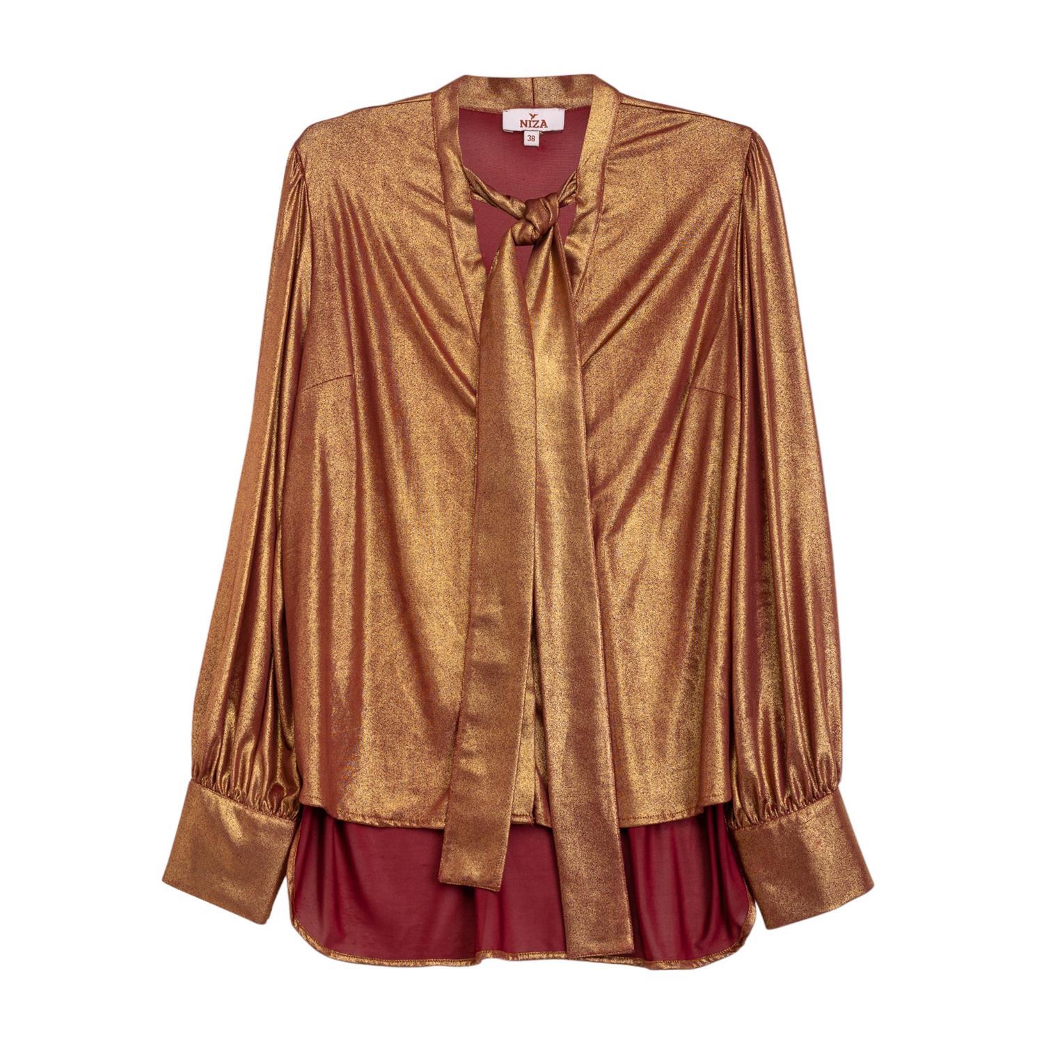 Niza Women's Brown Metallic Lace Sleeve Shirt With Metallic Lacing In Brown