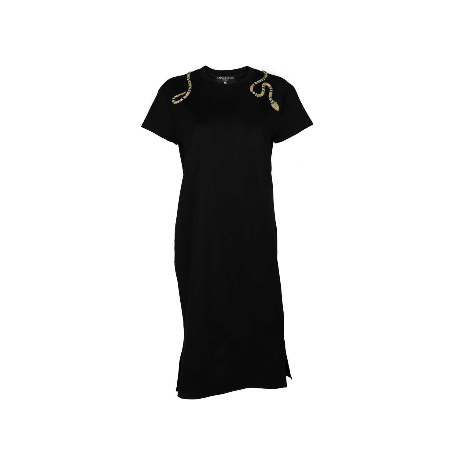 Laines London Women's Black Laines Couture T-shirt Dress With Embellished Green & Gold Wrap Around Snake In Black