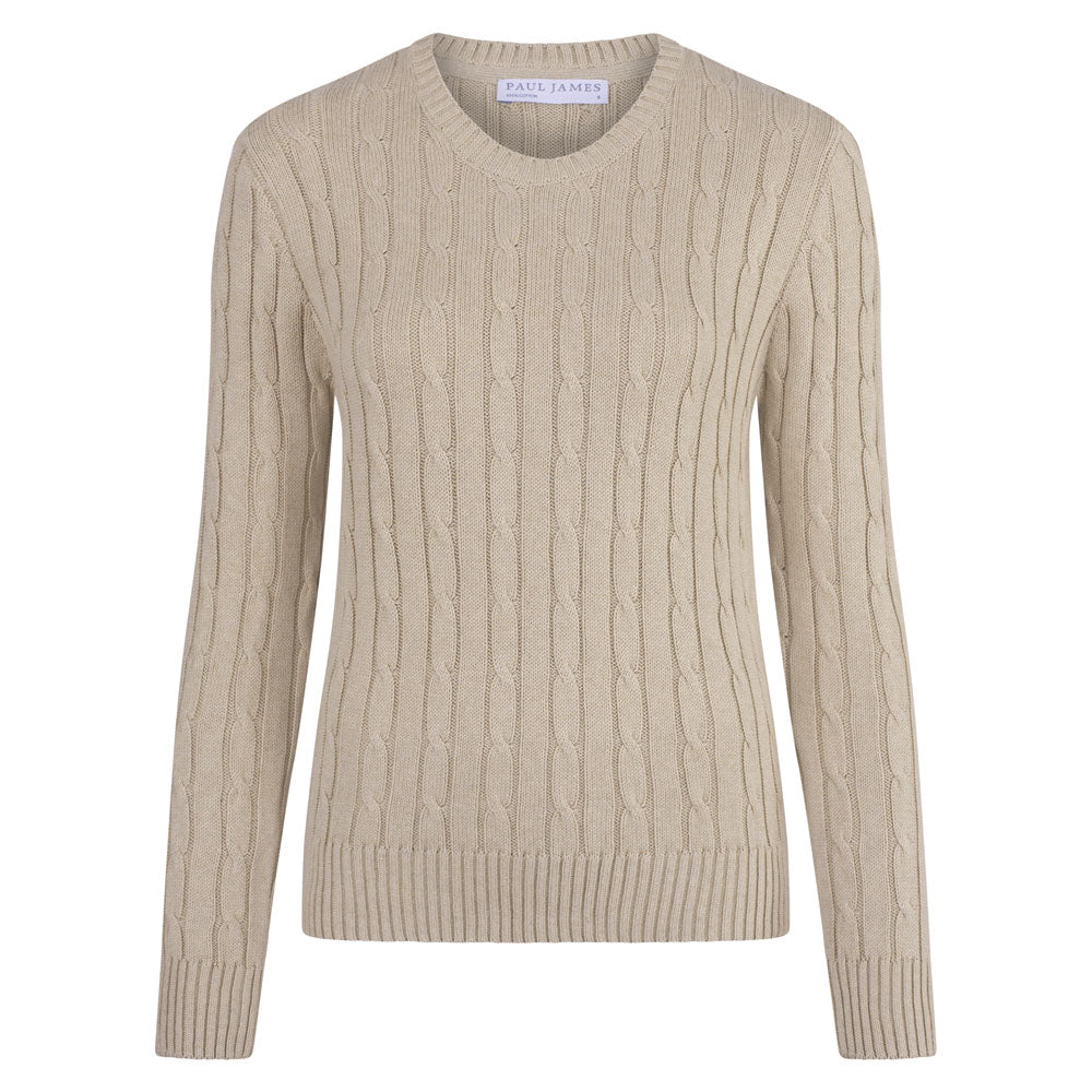 Paul James Knitwear Neutrals Womens Cotton Crew Neck Taylor Cable Jumper - Pebble