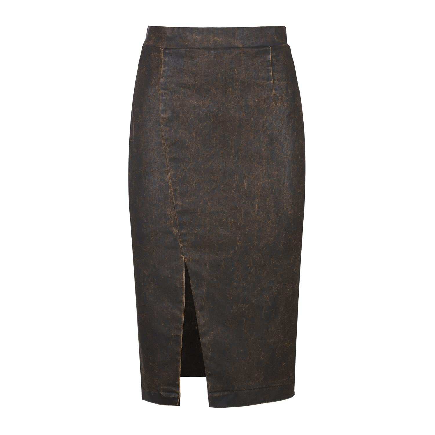 Conquista Women's Dark Brown Washed Jean-effect Midi Skirt – Front Slit, Hidden Zipper In Brown