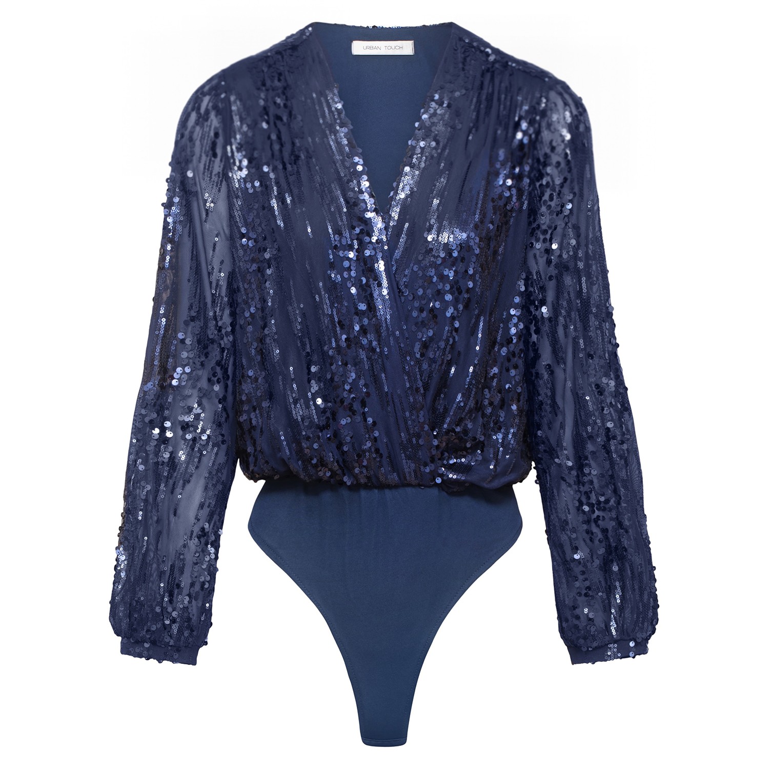 Urban Touch Women's Blue Sequin Wrap Bodysuit With Long Sleeve Navy In Blue