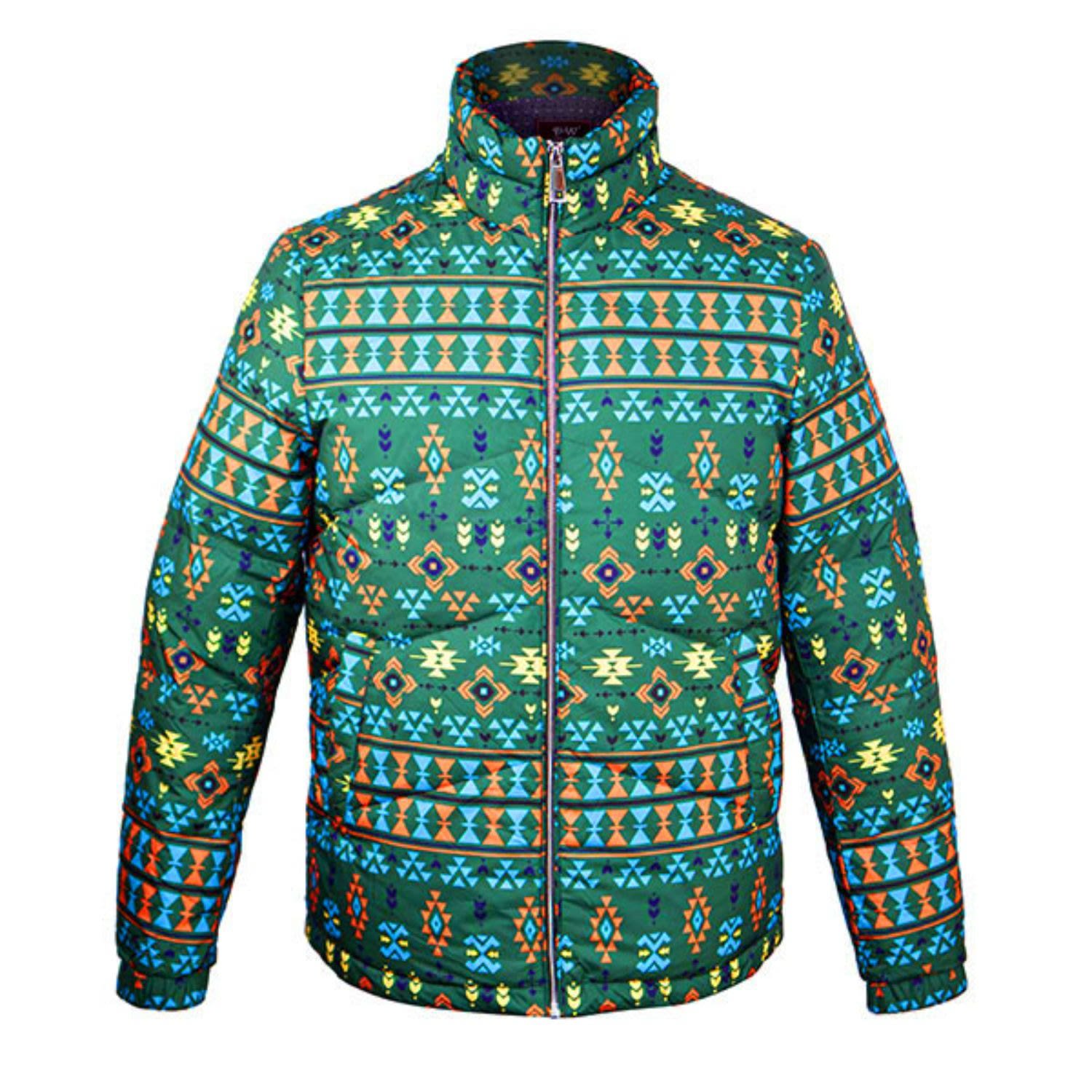 Men’s Ethnic Print Padded Bomber Jacket Green Multi Medium David Wej