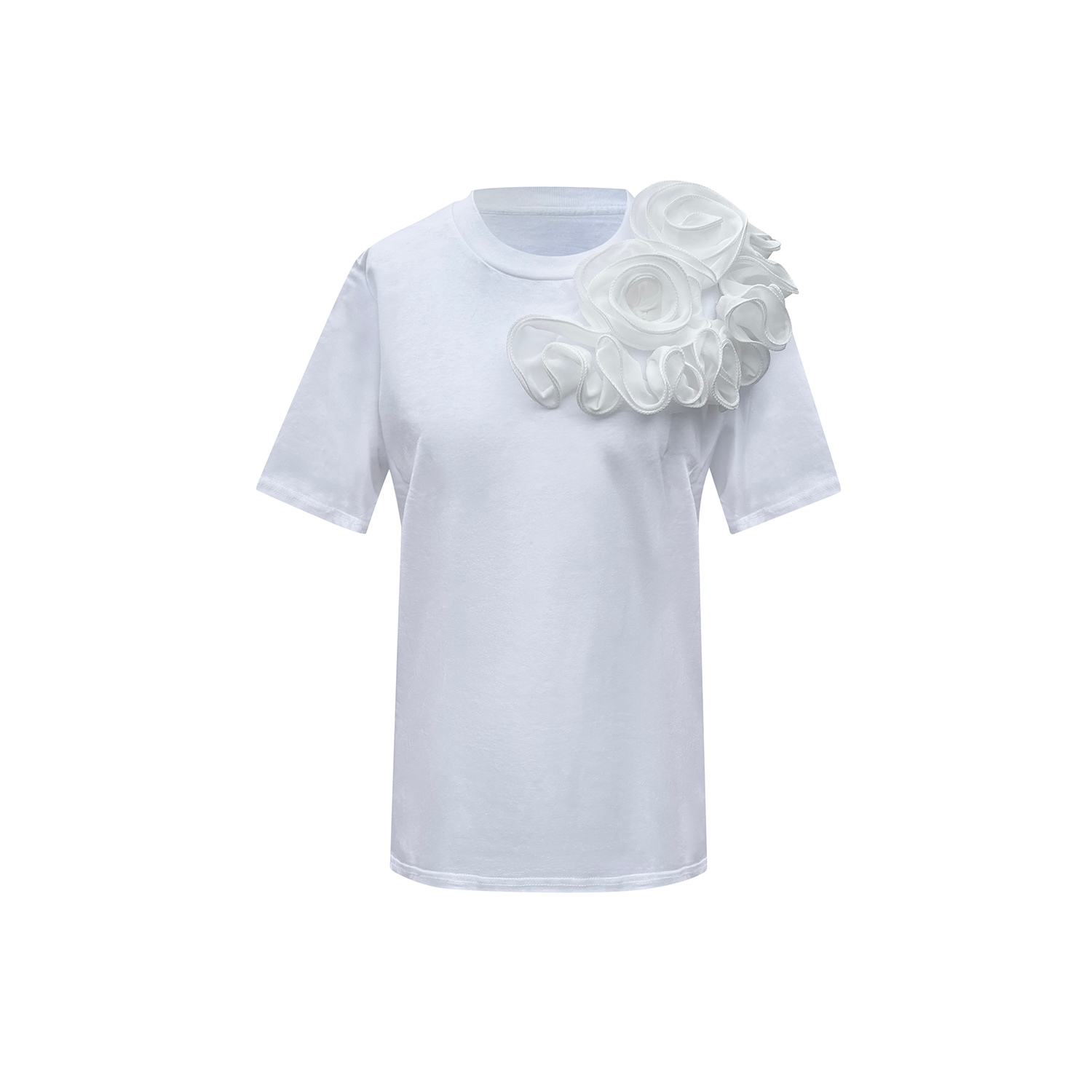 Toma Women's Flower Summer White Cotton T-shirt With White Flower In White