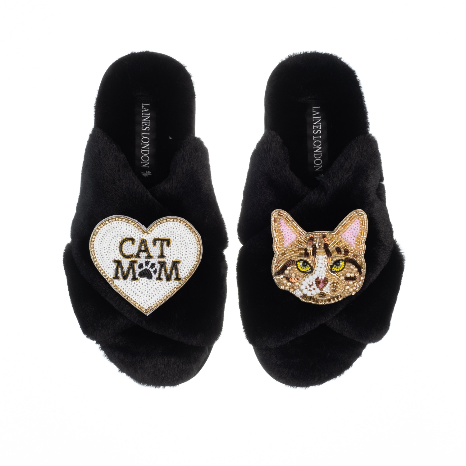 Laines London Women's Classic Laines Slippers With Cat Mum / Mom & Tabby Cat Brooches - Black In Black