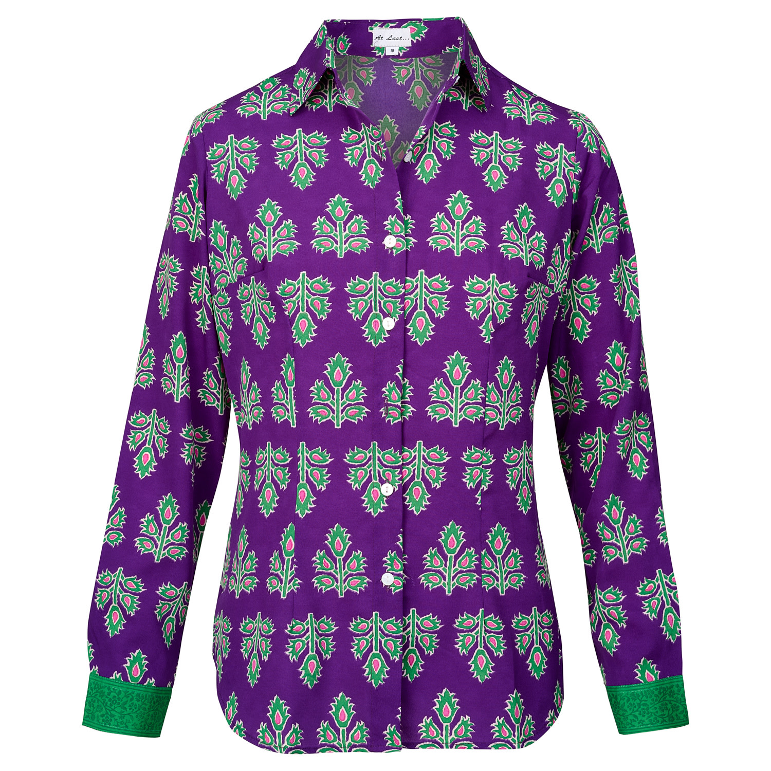 At Last... Women's Green / Pink / Purple Freya Shirt In Violet & Green Thistle With Contrast Cuff In Green/pink/purple