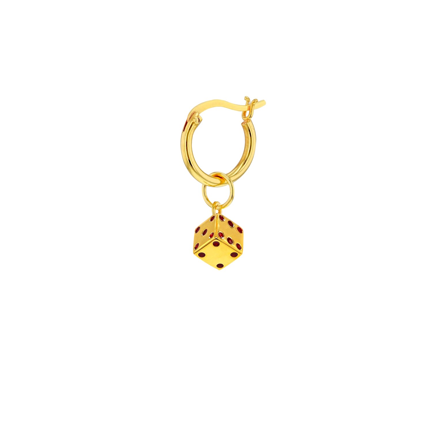 True Rocks Women's Red / Gold 18kt Gold Plated & Red Enamel Mini Dice Charm On Gold Plated Hoop Earring In Burgundy
