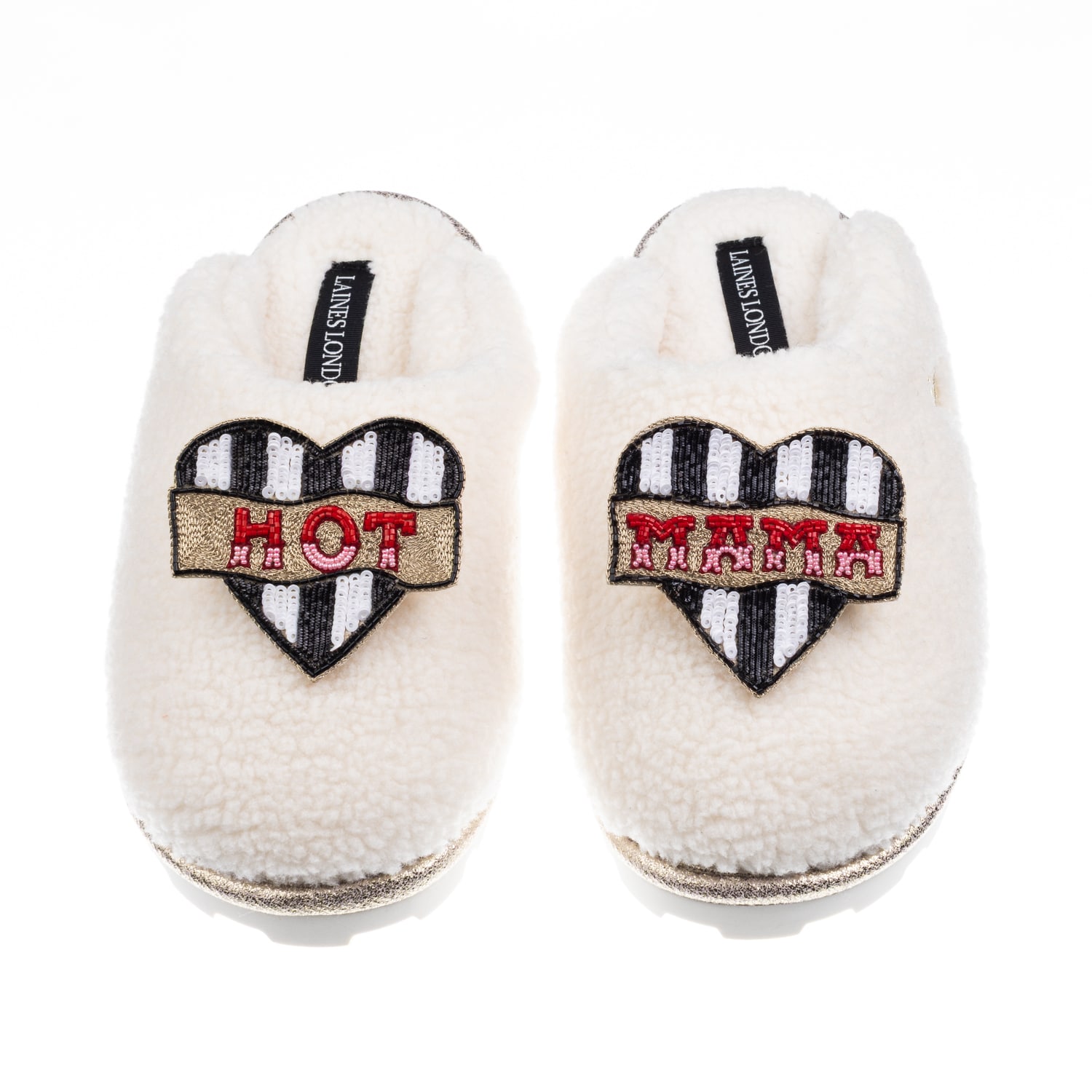 Laines London Women's Neutrals / White Teddy Closed Toe Slippers With Hot Mama Brooches - Cream In White
