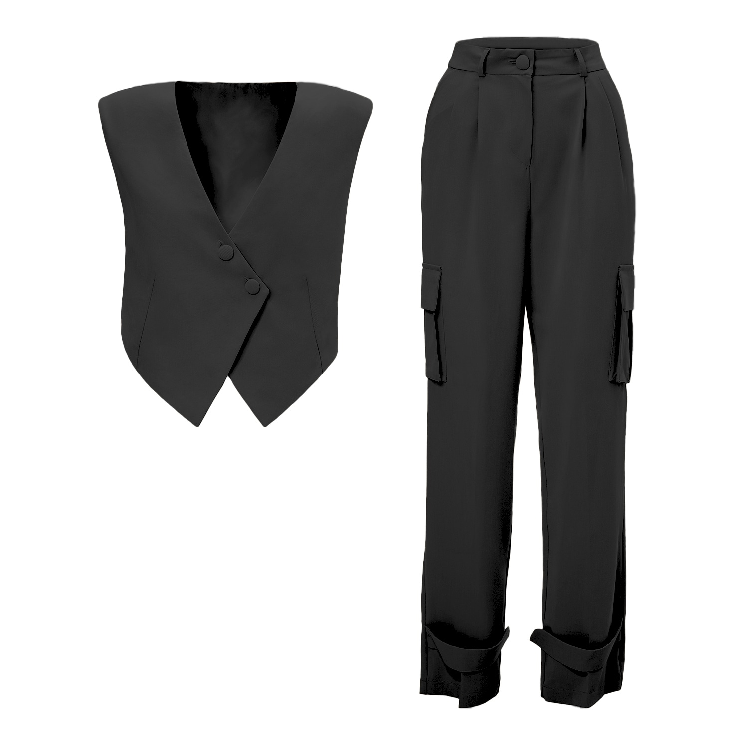 Bluzat Women's Black Suit With Asymmetrical Vest And Cargo Pants In Black