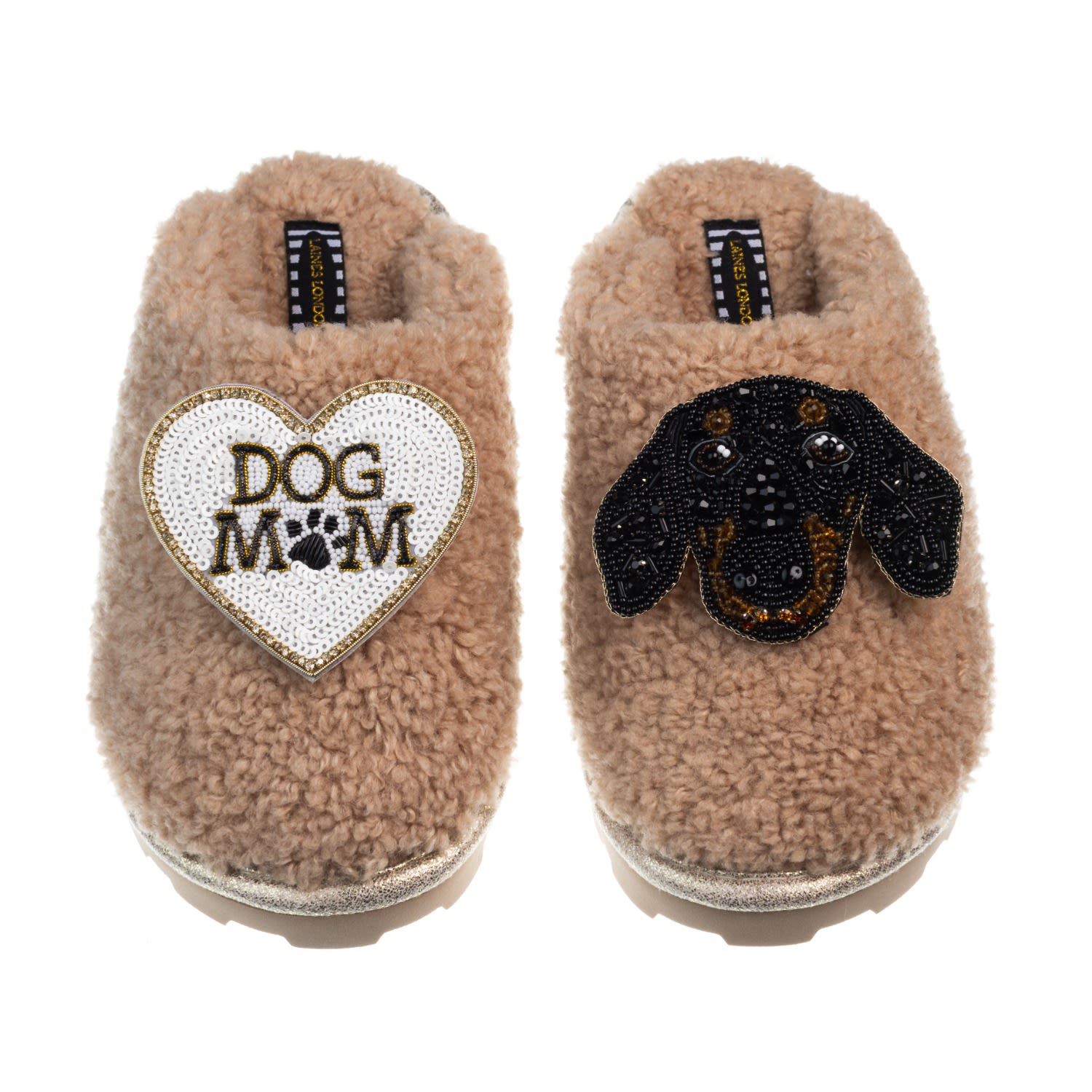 Laines London Women's Brown Teddy Closed Toe Slippers With Little Sausage & Dog Mum / Mom Brooches - Toffee In Multi