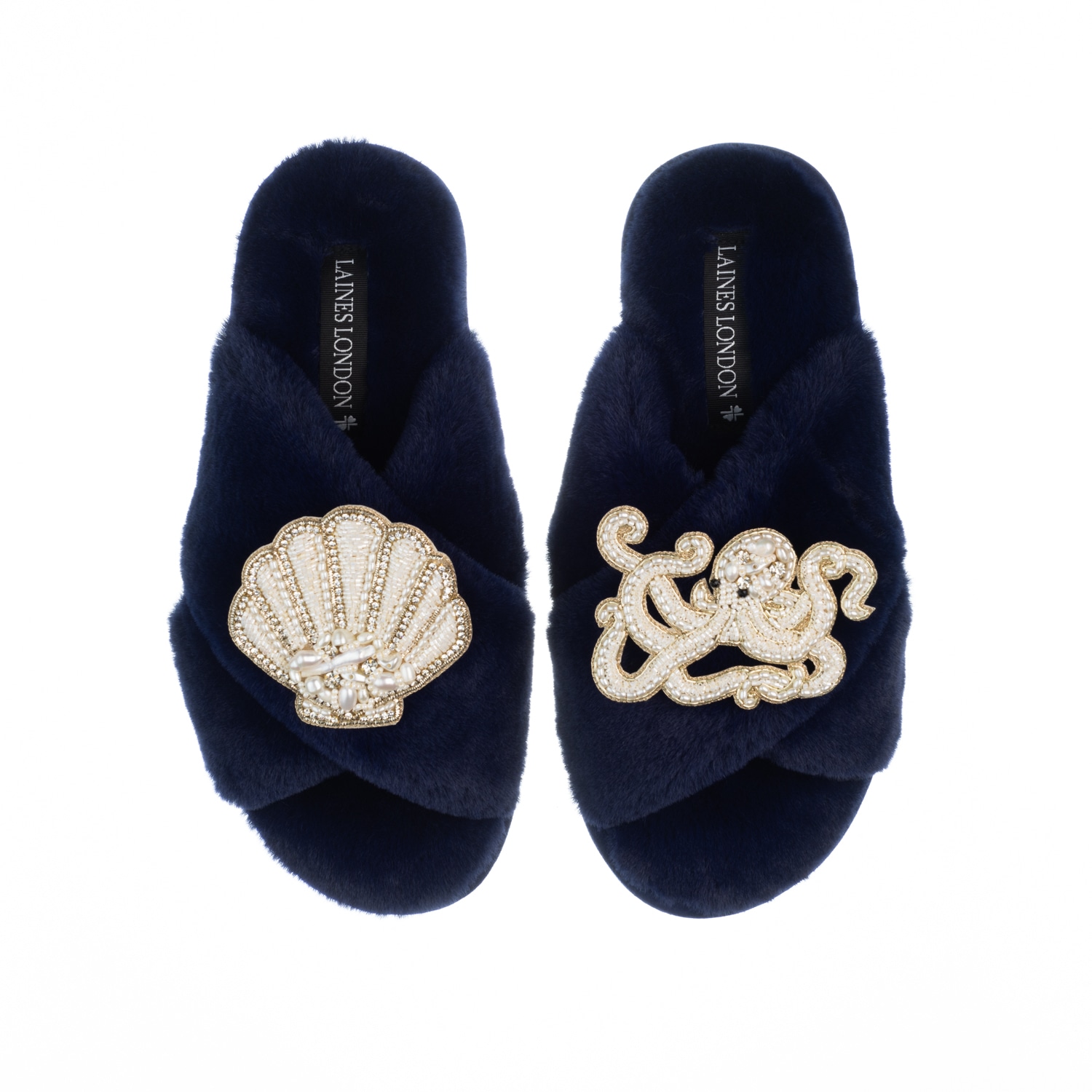Laines London Women's Blue Classic Laines Slippers With Pearl Beaded Octopus & Shell Brooches - Navy In Blue