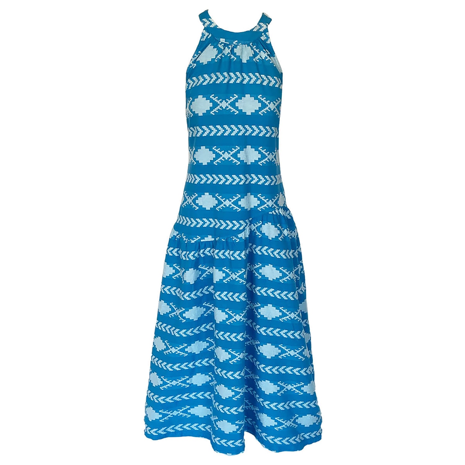 Haris Cotton Women's Halter Neck Maxi Cotton Dress - Santorini Blue White