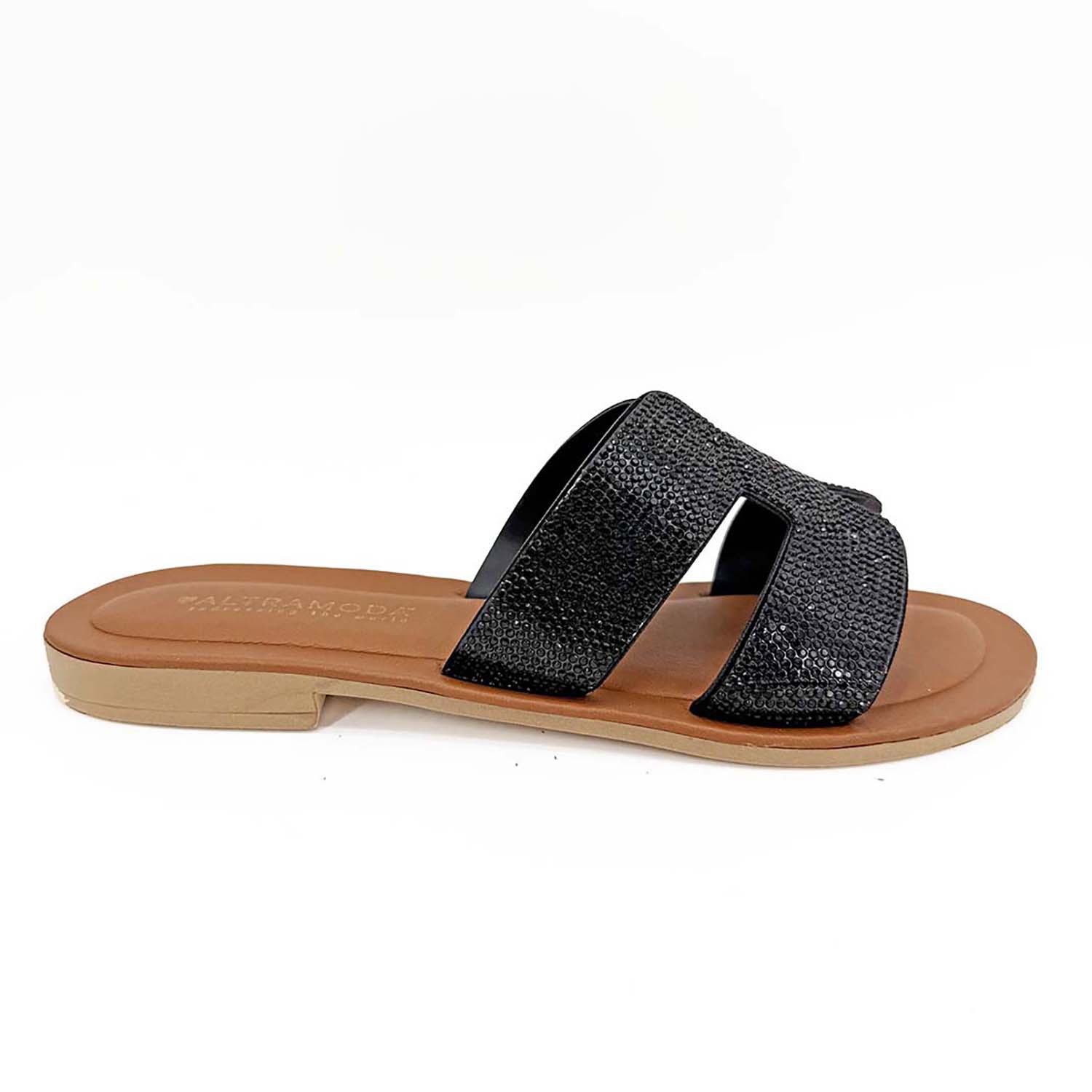 Altramoda Redressing The World H-strap Crystal Slides For Women In Natural Leather - Black