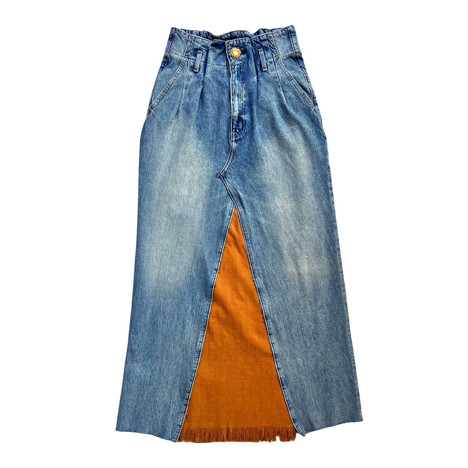 L2r The Label Women's Blue / Brown Upcycled Skirt In Paneled Blue & Tan Denim