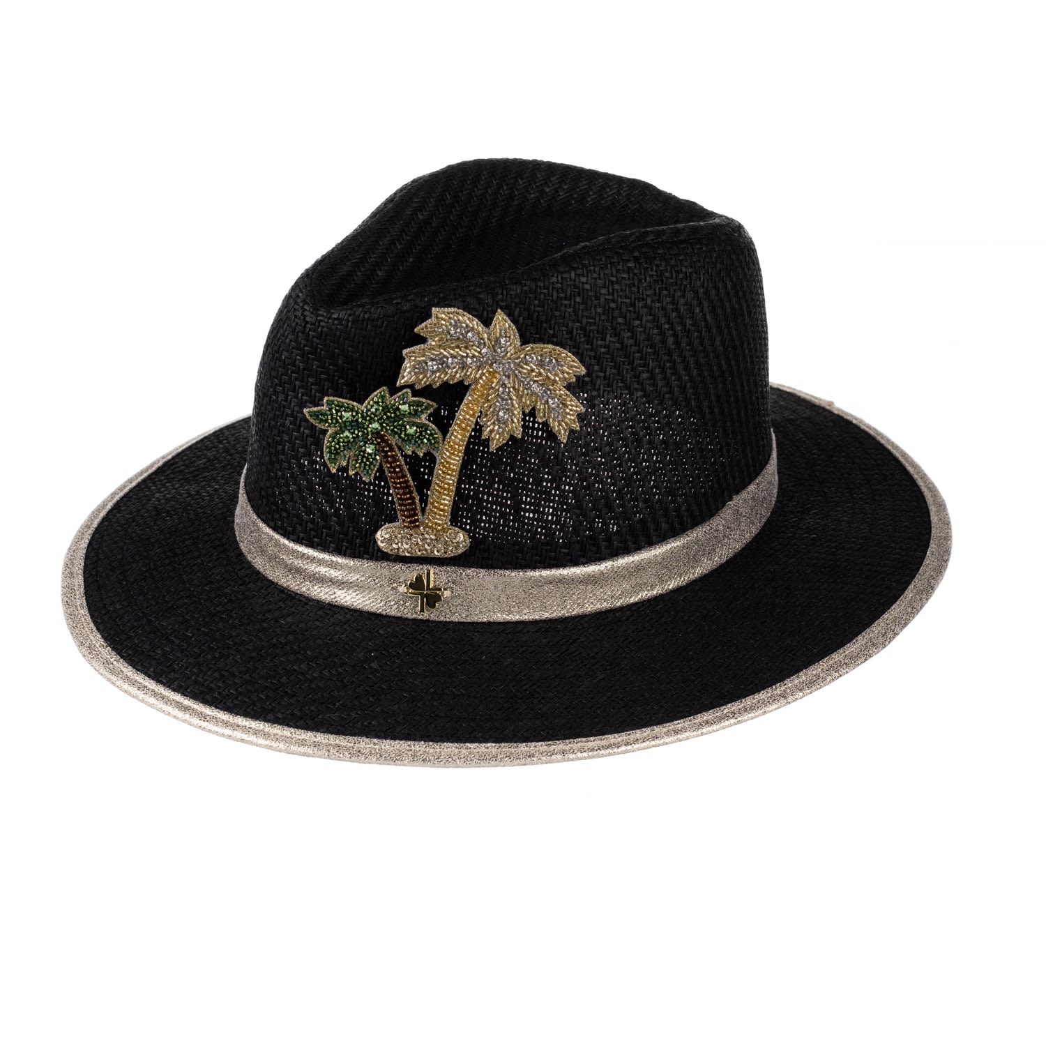 Laines London Women's Straw Woven Hat With Couture Embellished Golden Palm Tree Brooch - Black