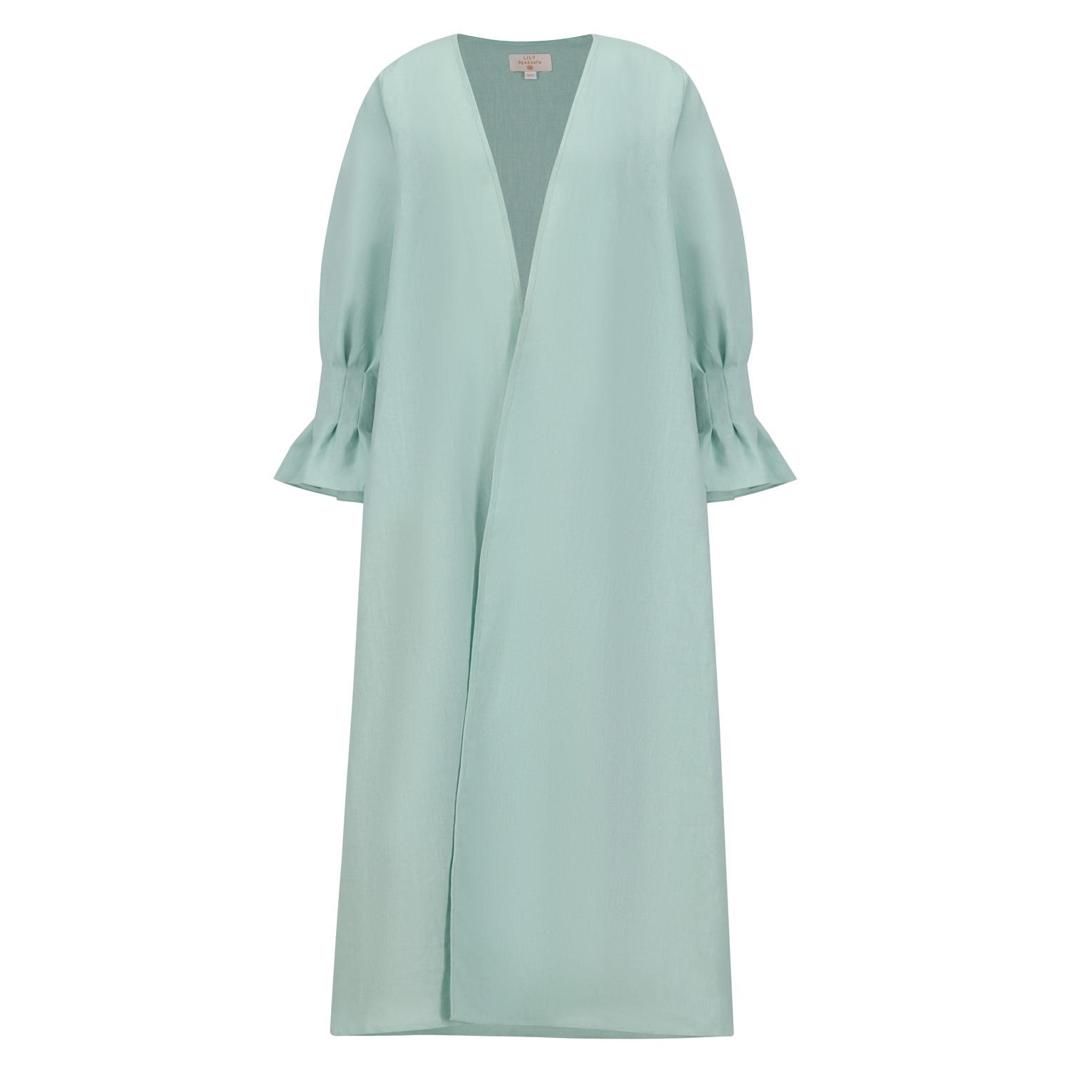 Azzalia Women's Pure Linen Abaya In Classic Cut With Flared Sleeves With Fitted Stitches Cuff In Hint Of Min In Green