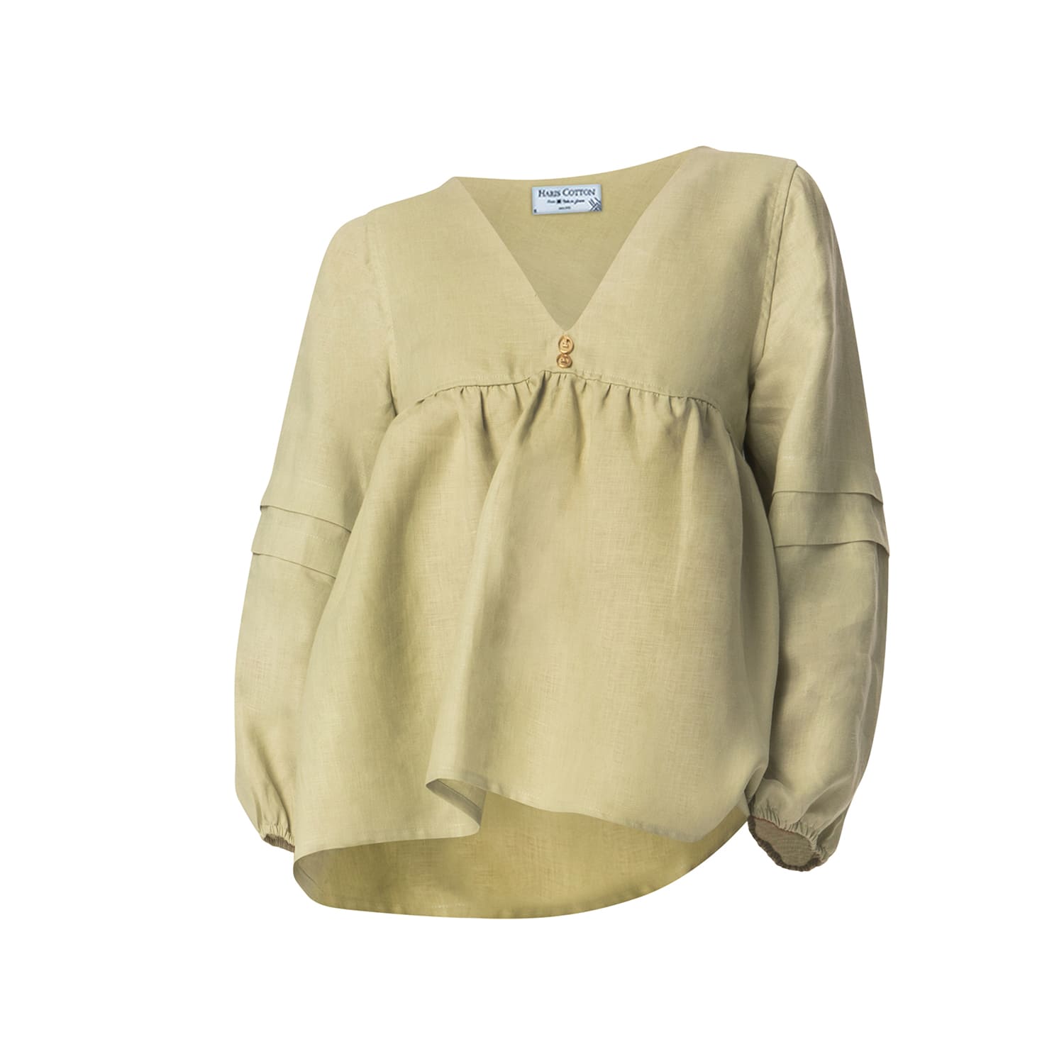 Haris Cotton Women's Green Linen Blouse With Balloοn Sleeves - Pistachio In Green