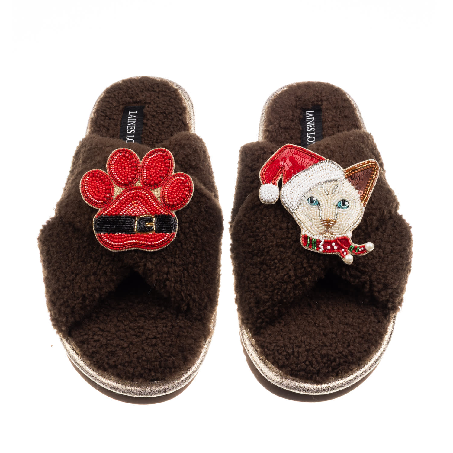Laines London Women's Brown / Neutrals Laines Boucle Slippers With Christmas White Siamese Cat & Paw Brooches - Ch In Brown