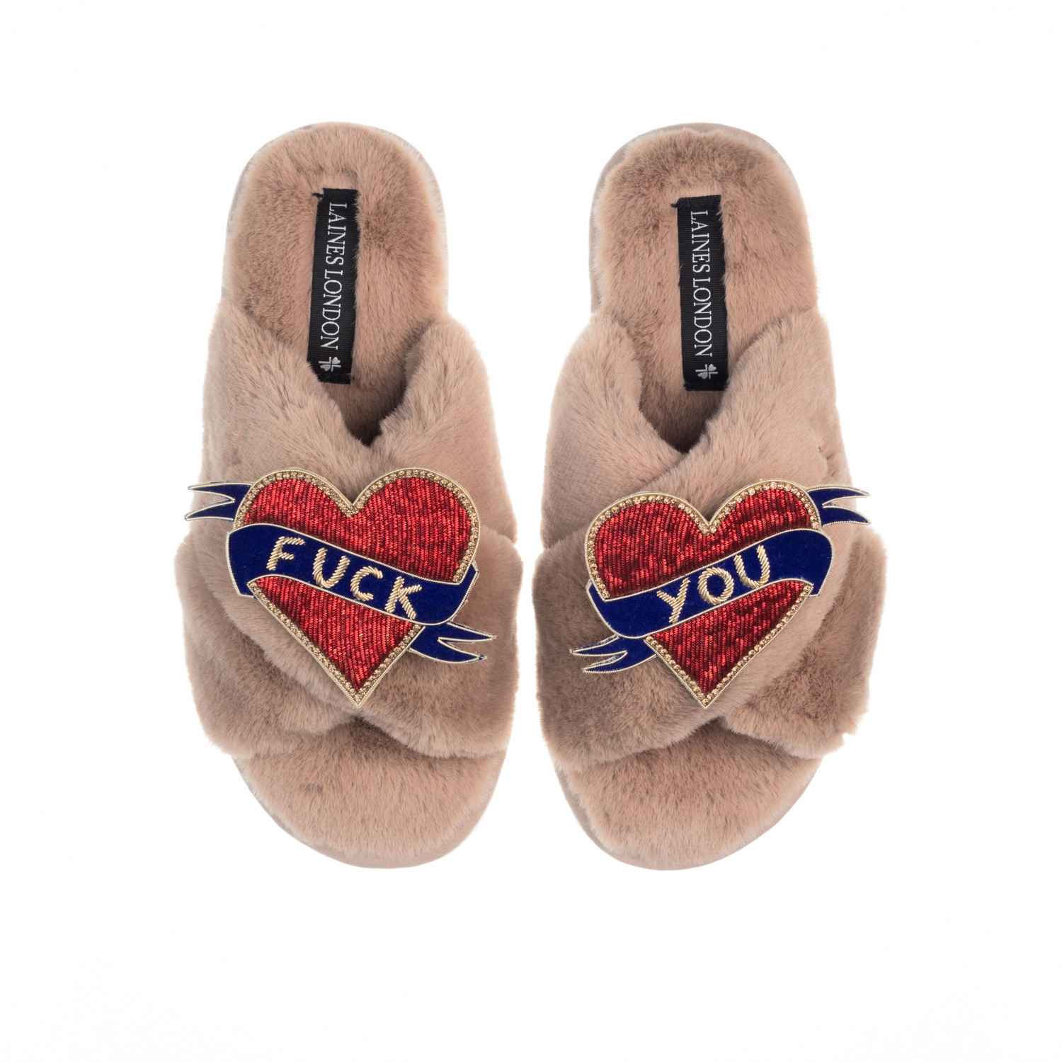 Laines London Women's Neutrals Teddy Toweling Slipper Sliders With Fuck You Brooches - Toffee