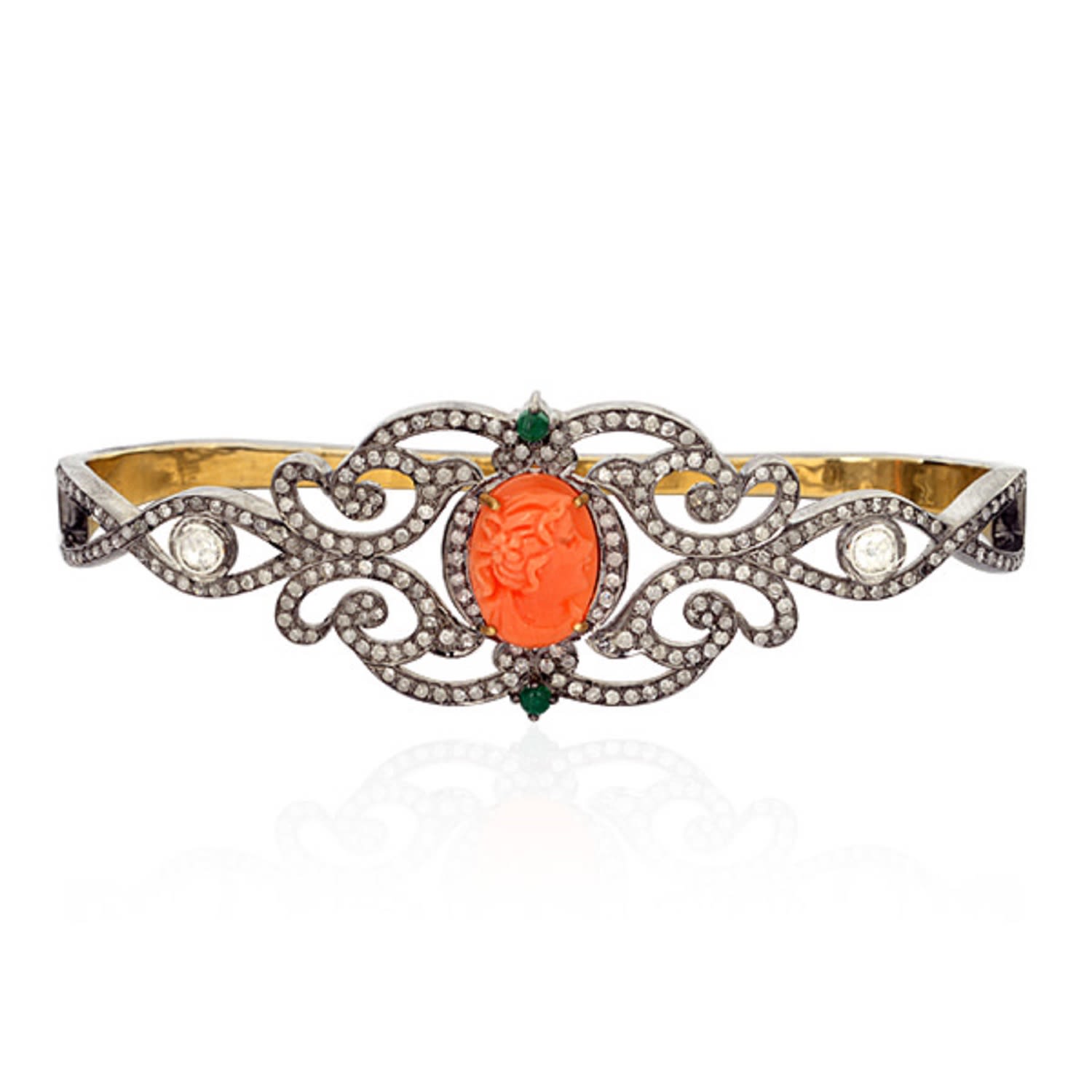 Women’s Gold / Yellow / Orange Carved Coral & Emerald With Pave Diamond In 18K Gold And Silver Antique Palm Bracelet Artisan