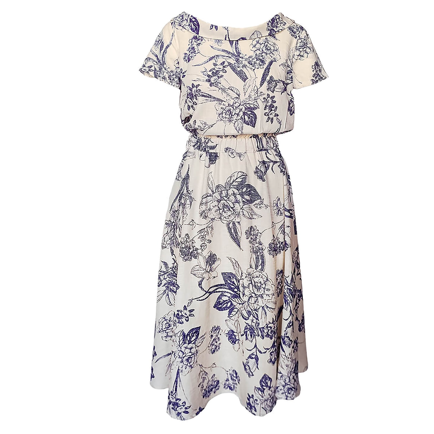 Haris Cotton Women's Midi Linen Blend Print Dress With Elastic Waist And Boat Neck - Blue Spring