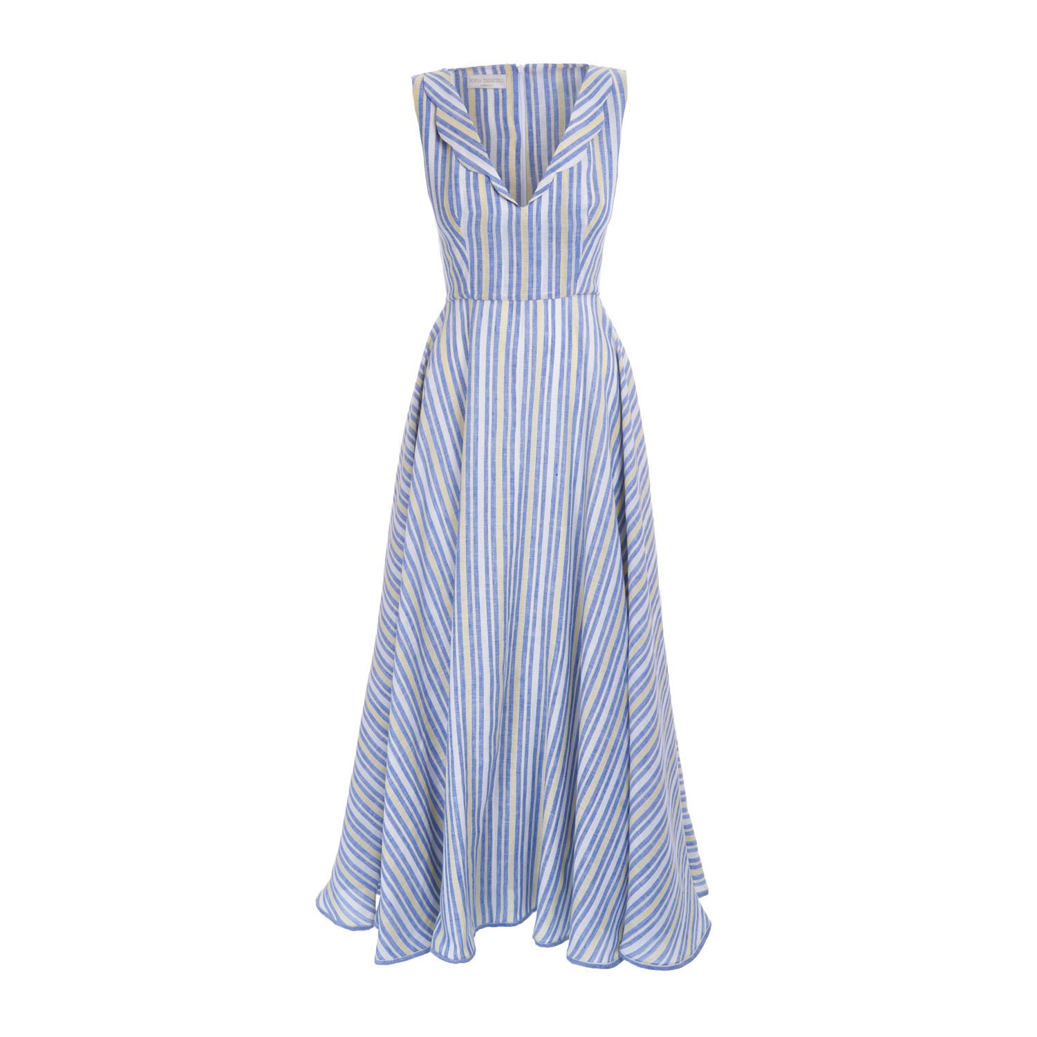 Sofia Tsereteli Women's Blue / White V-neck Linen Dress In Blue/white