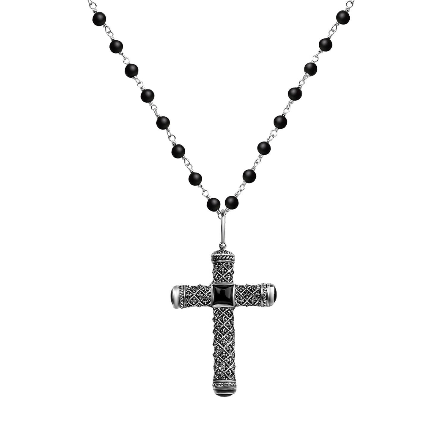 Karma And Luck Men's Silver / Black Profound Belief - Silver Matte Onyx Cross Charm Necklace