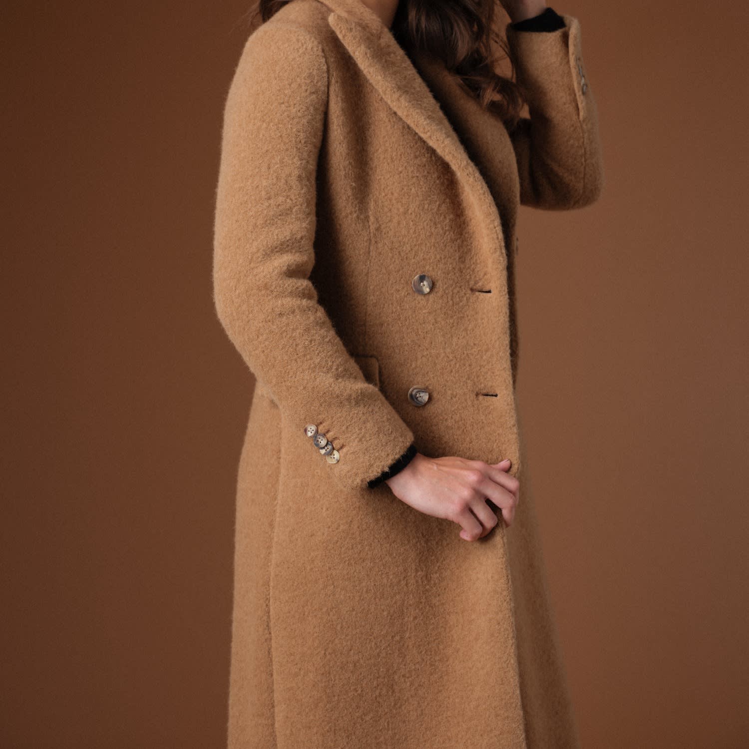 Double-faced button-up camel wool coat