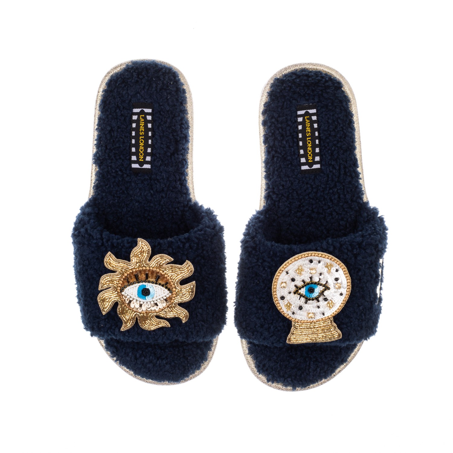 Laines London Women's Blue Teddy Towelling Slipper Sliders With Double Mystic Eye Brooches - Navy