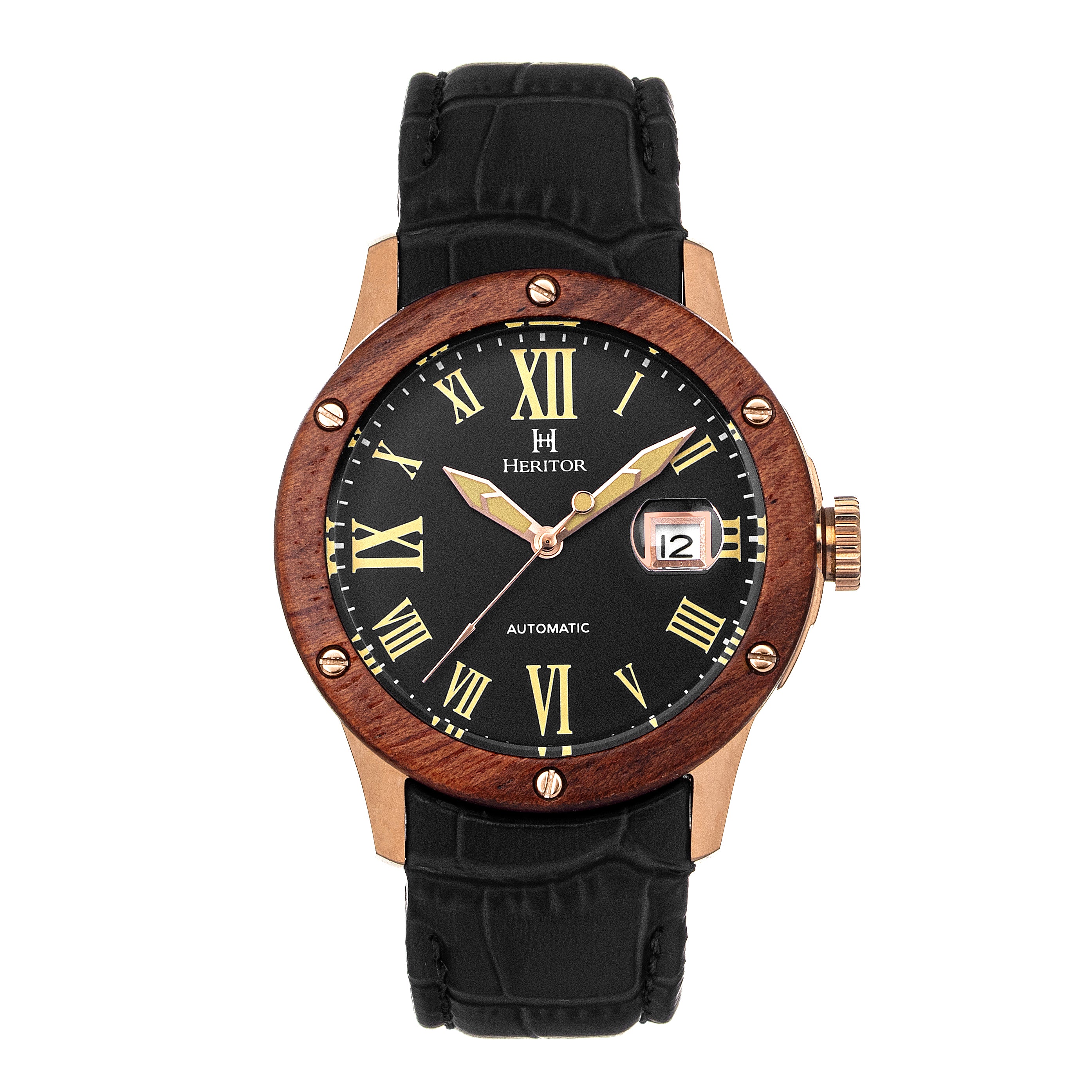 Heritor Automatic Men's Black / Rose Gold Everest Wooden-bezel Leather-band Watch With Magnified Date - Black, Rose Go In Black/rose Gold