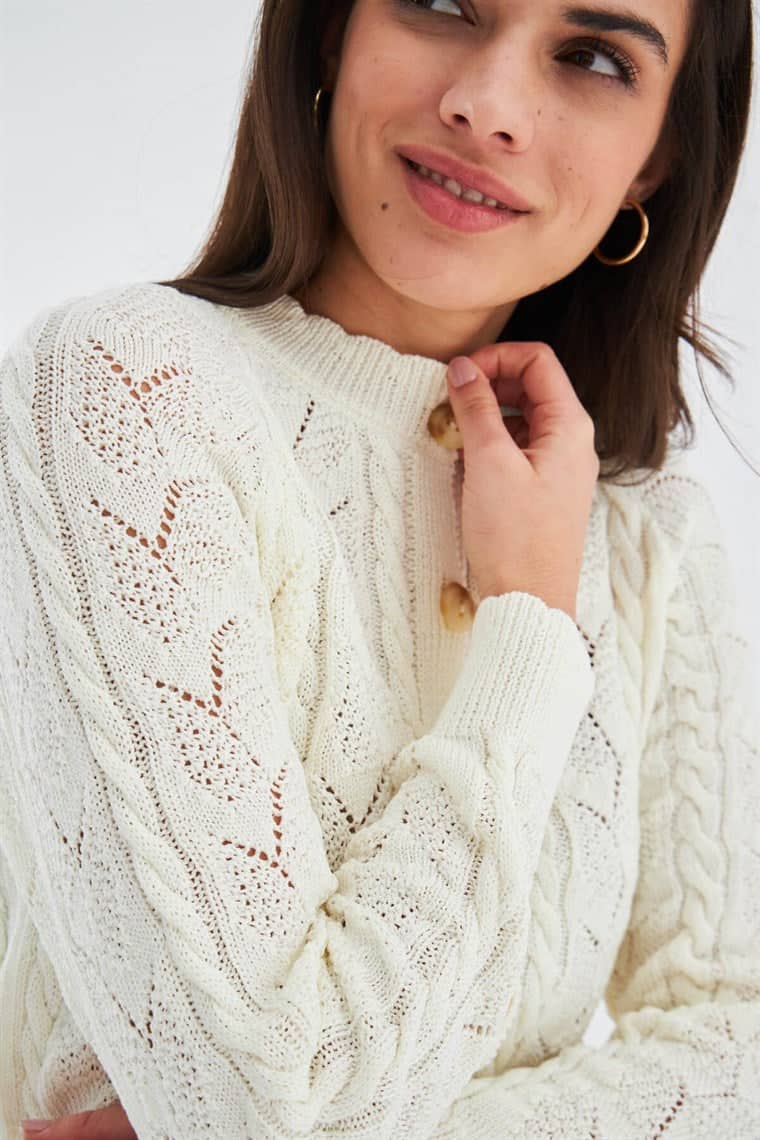 Ella Cable Knit Openwork Cropped Cardigan - Ecru, Peraluna