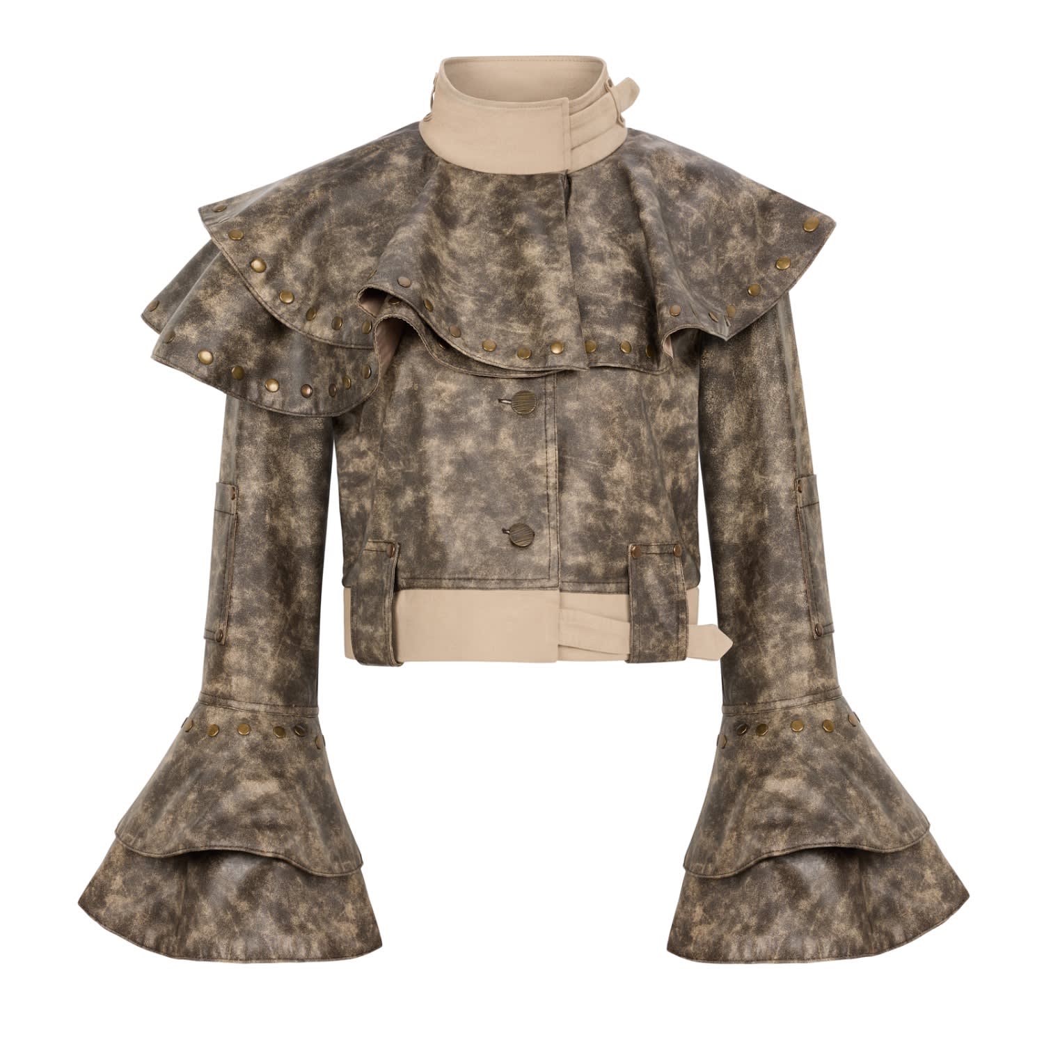 Women's Brown Nuda - Stud Detailed Faux Leather Jacket | Medium | Mayamu