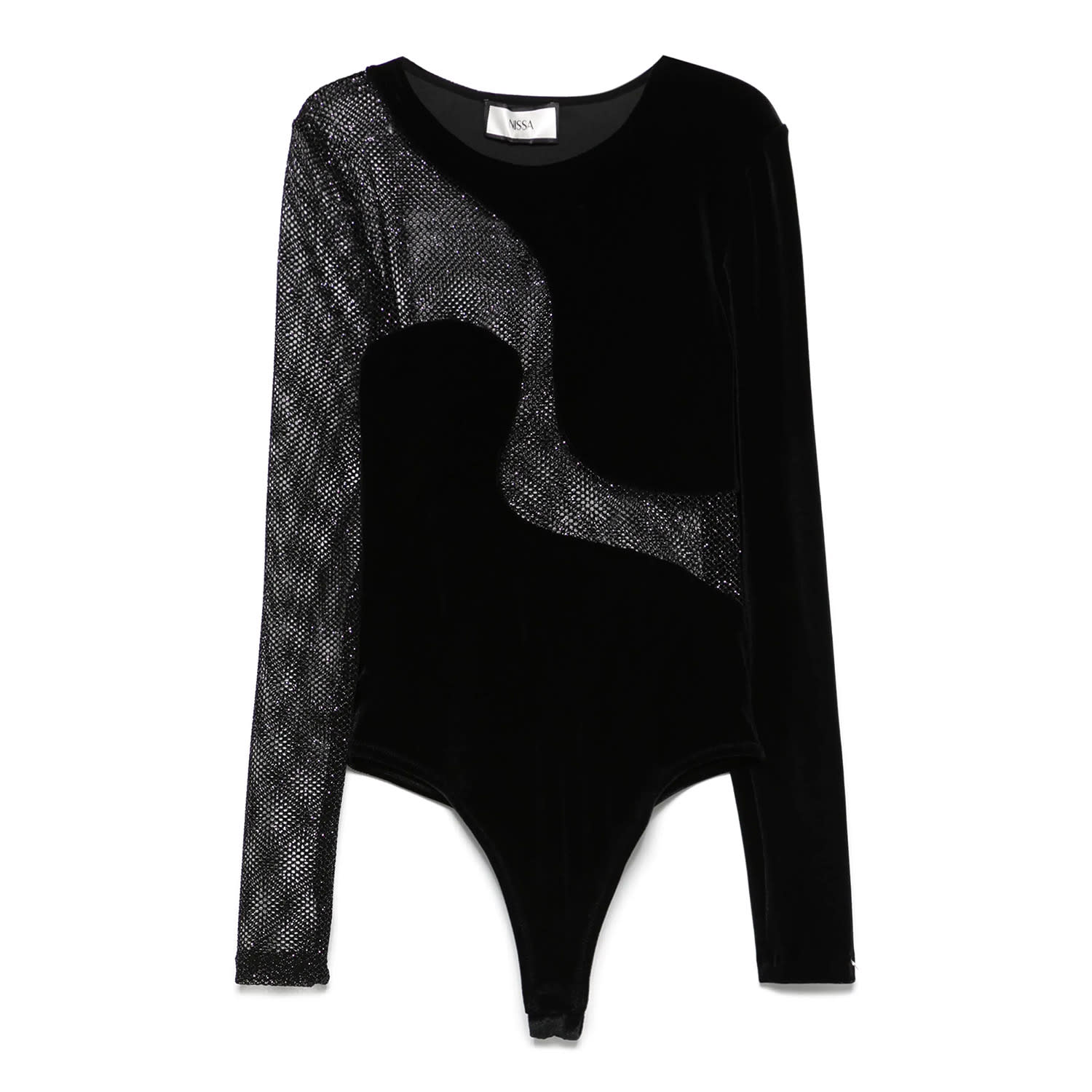 Nissa Mesh-panel Velvet Bodysuit In Black