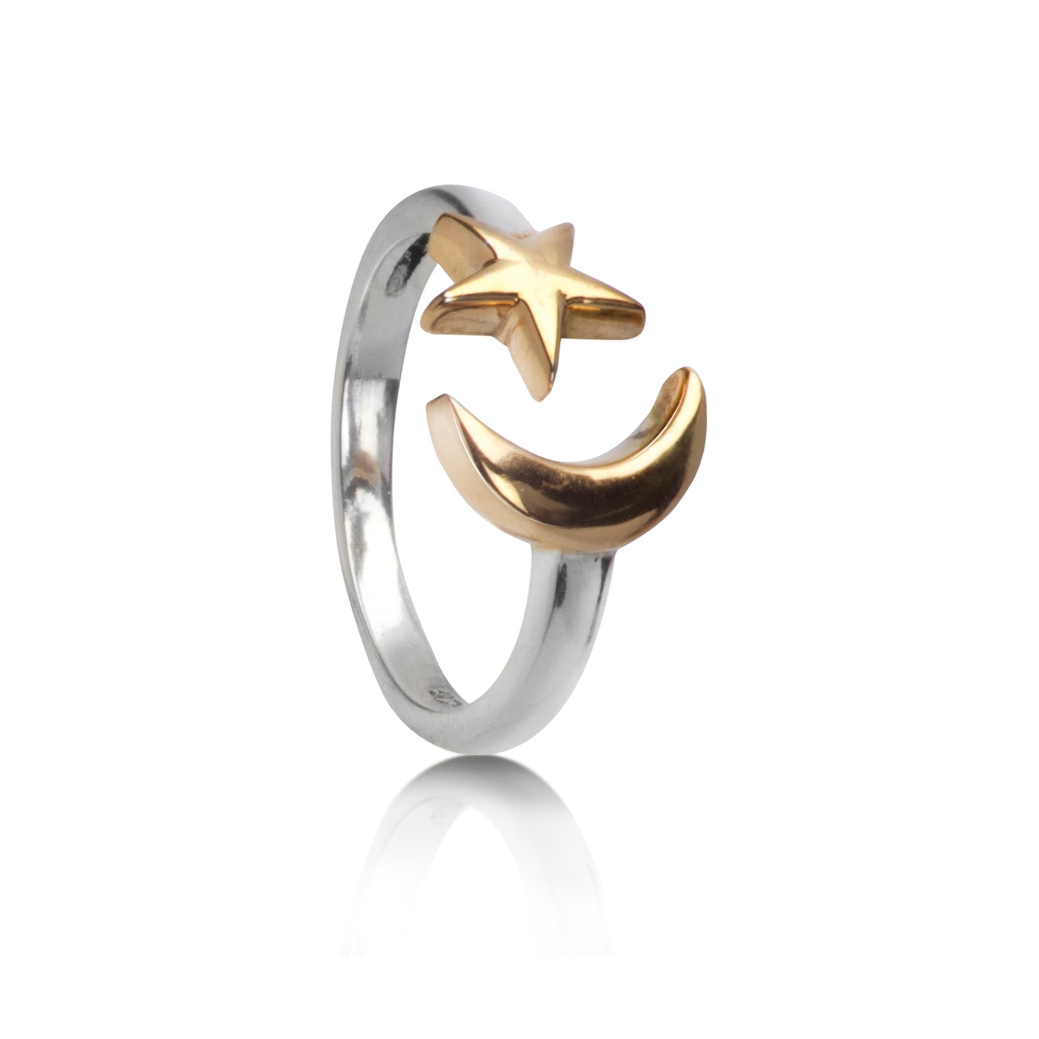 Women’s Silver / Gold Adjustable Ring With Star And Crescent Moon In Sterling Silver And Gold Vermeil The Jewellery Store London