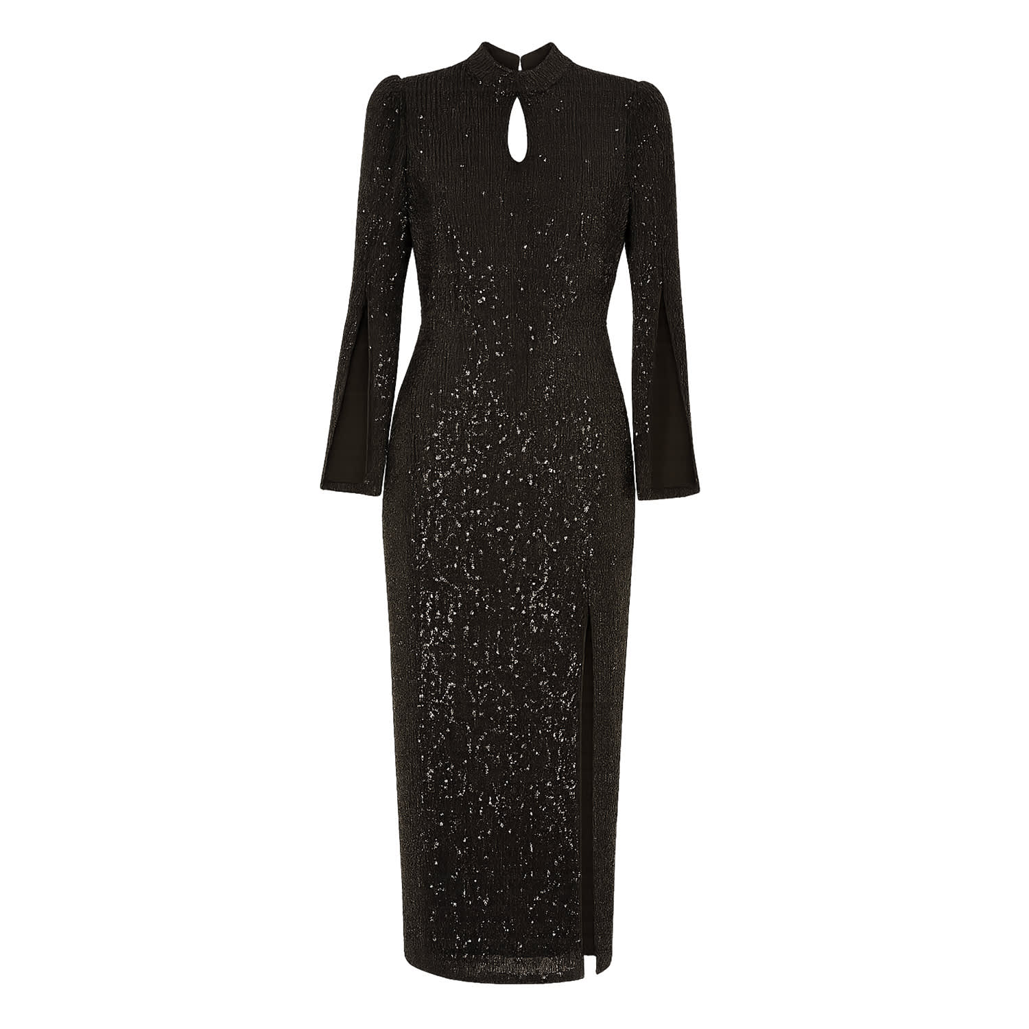 Yumi Women's  Black Sequin Fitted Midi Dress With Flute Sleeves In Black