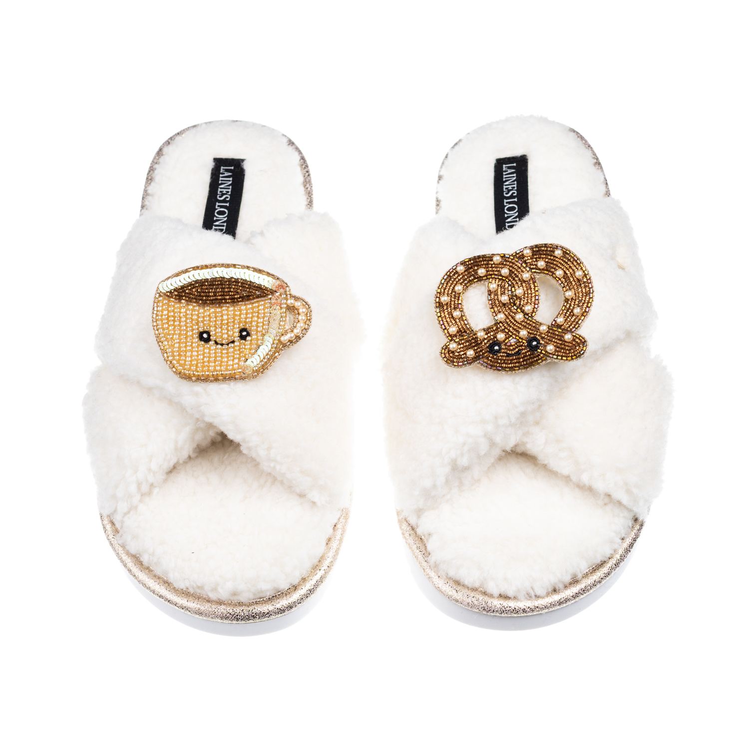 Laines London Women's Neutrals / White Laines Boucle Slippers With Laines Loveables Hot Chocolate & Pretzel Brooch