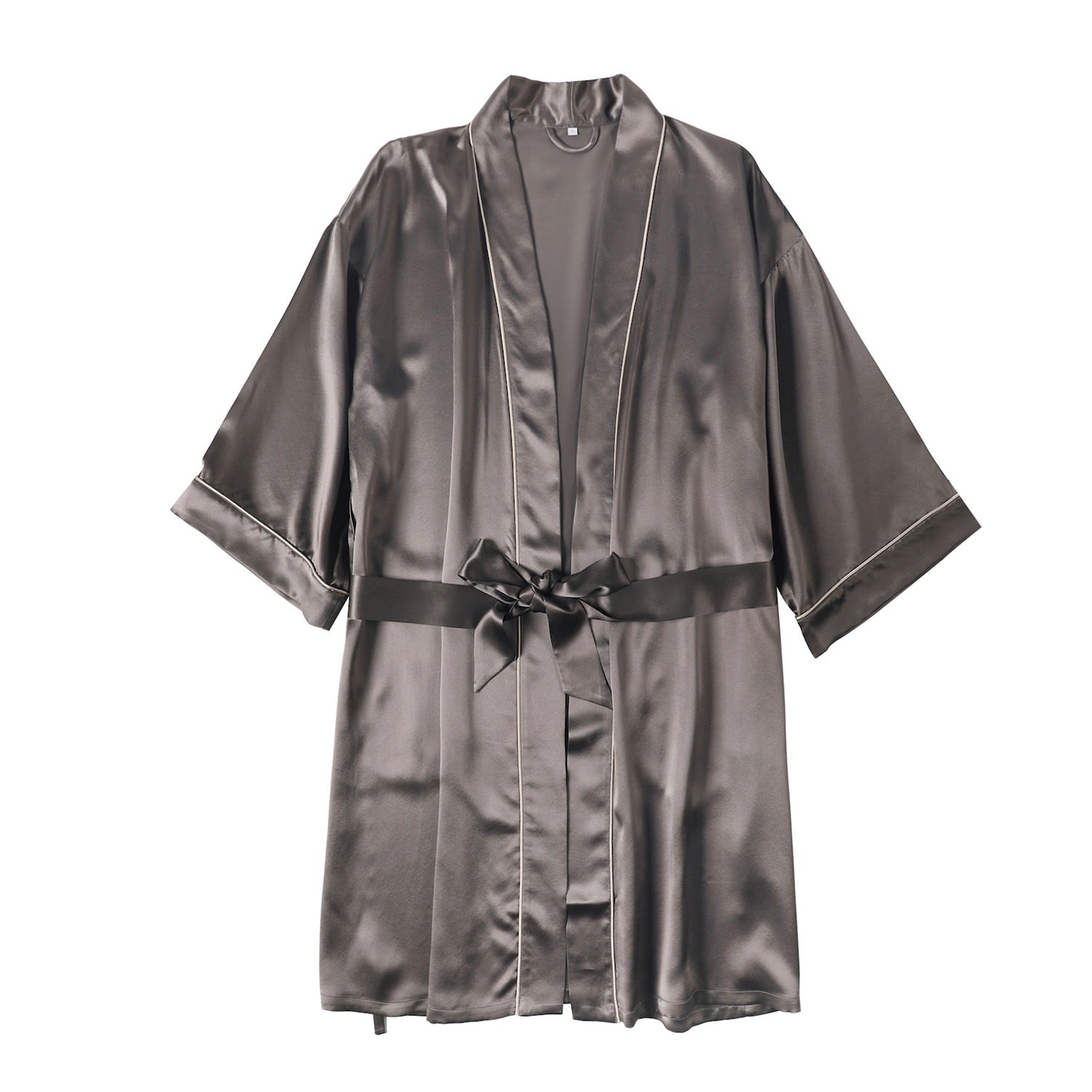 Soft Strokes Silk Women's Pasithea - Kimono Pure Silk Robe - Knee Length Double Belts And Pockets - Grey In Grey