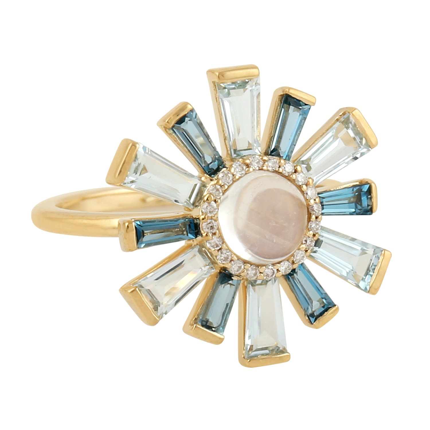 Artisan Women's Blue / White / Yellow Baguette Blue Topaz & Moonstone Diamond Starburst Ring In 18k Gold In Multi