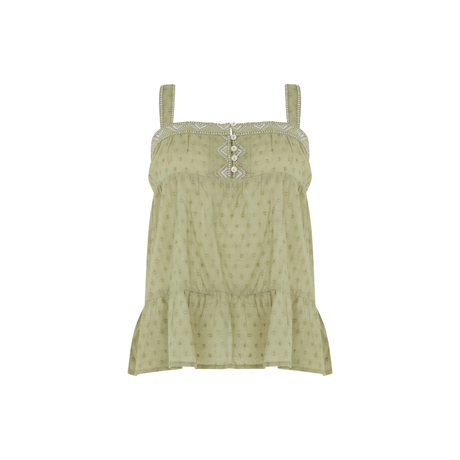 Raffya Women's Selena Green Tiered Cotton Cami Top With White Embroidery & Button Detail