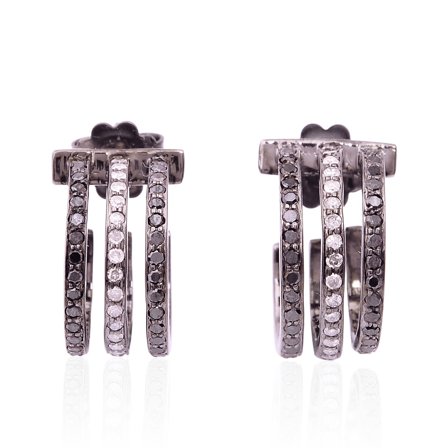 Women’s Black / Silver / White Natural Black & White Diamond Pave In 925 Sterling Silver Half Hoop Stud Earrings Artisan