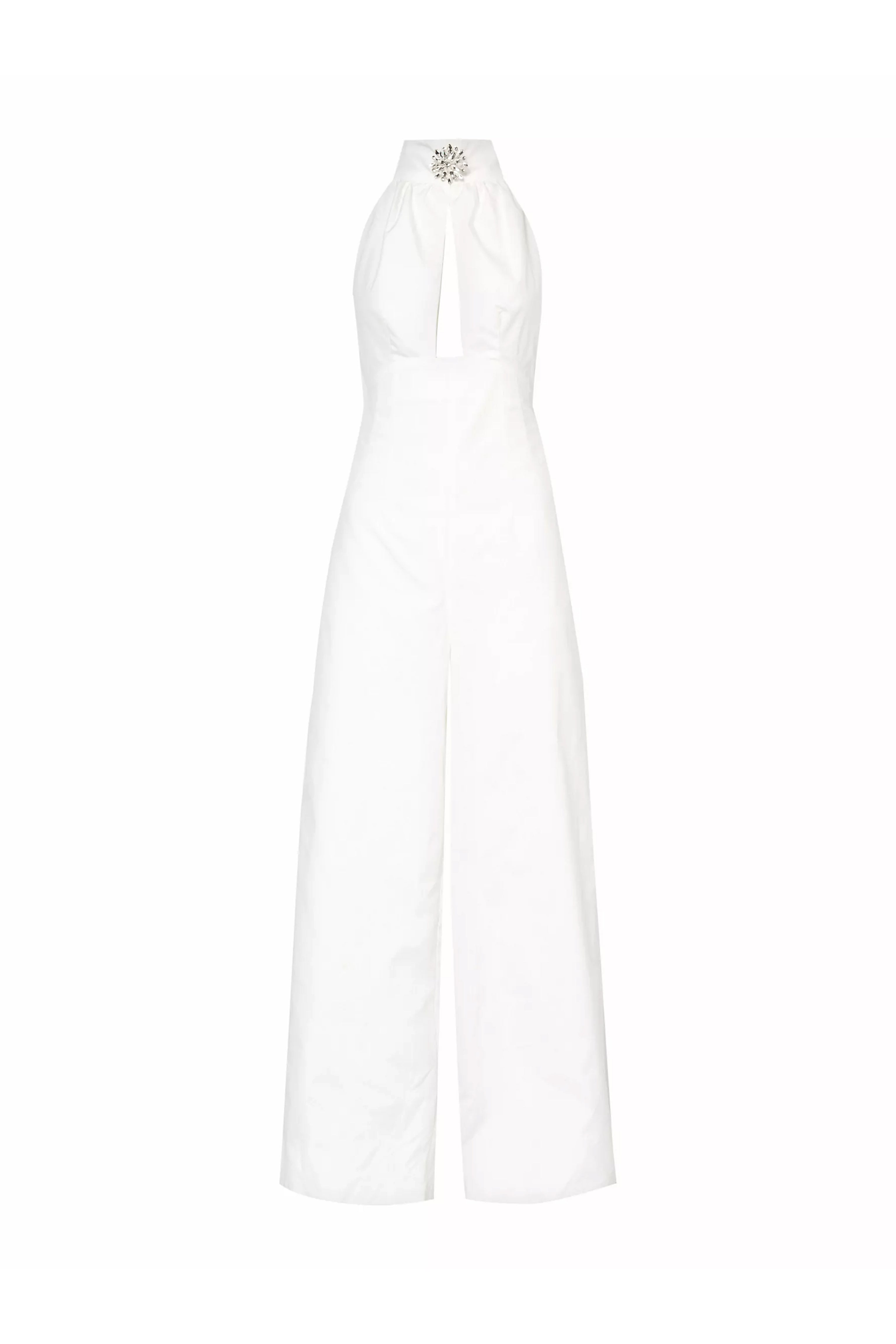 Amy Lynn Womens White Crystal-embellished High-neck Cotton Jumpsuit In White