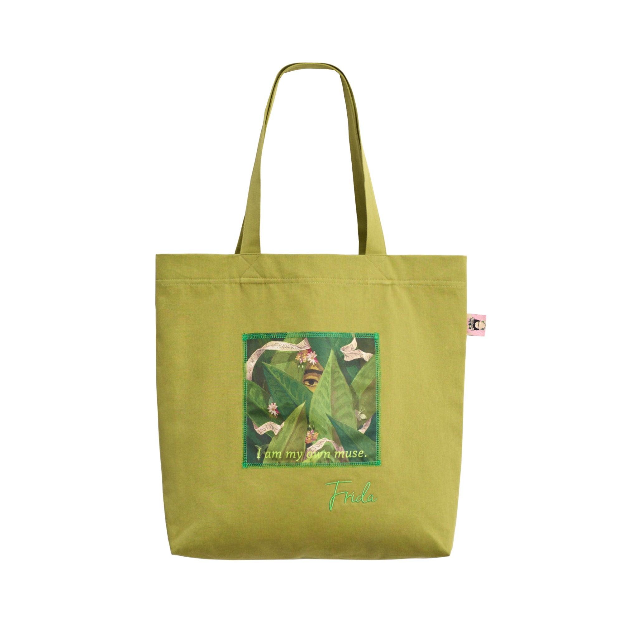 Lost Pattern Nyc Women's I Am My Own Muse By Frida Cotton Tote Bag - Avocado Green In Green