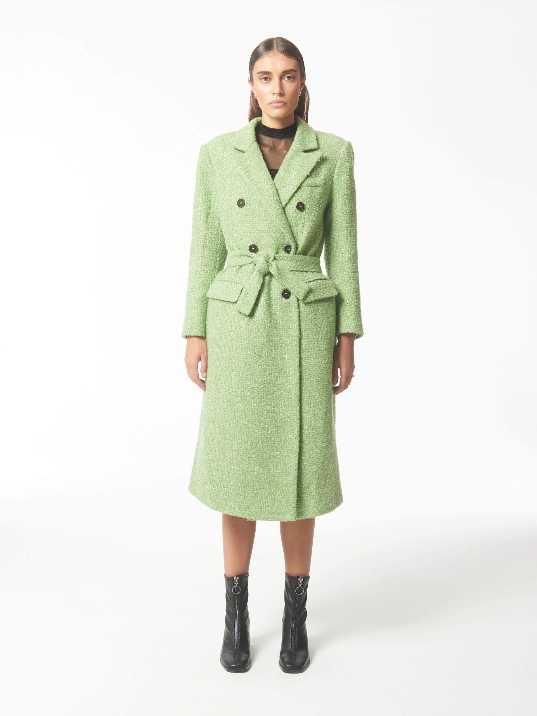 Metallic Thread Peak-Lapels Bouclé Tweed Coat In Pistachio Green
